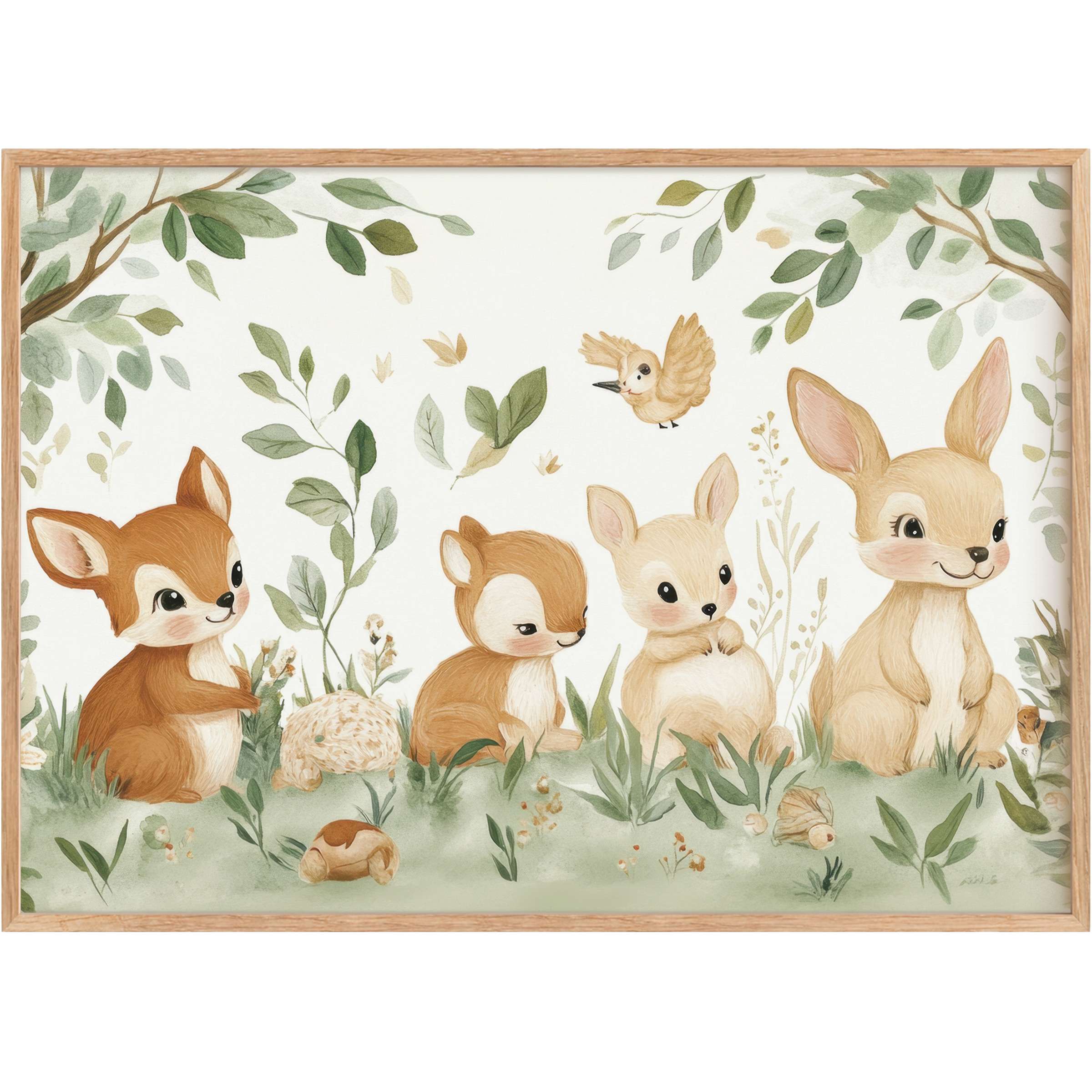 Charming nursery printable wall art with woodland friends in soft browns and greens, crafting a serene, tender ambiance