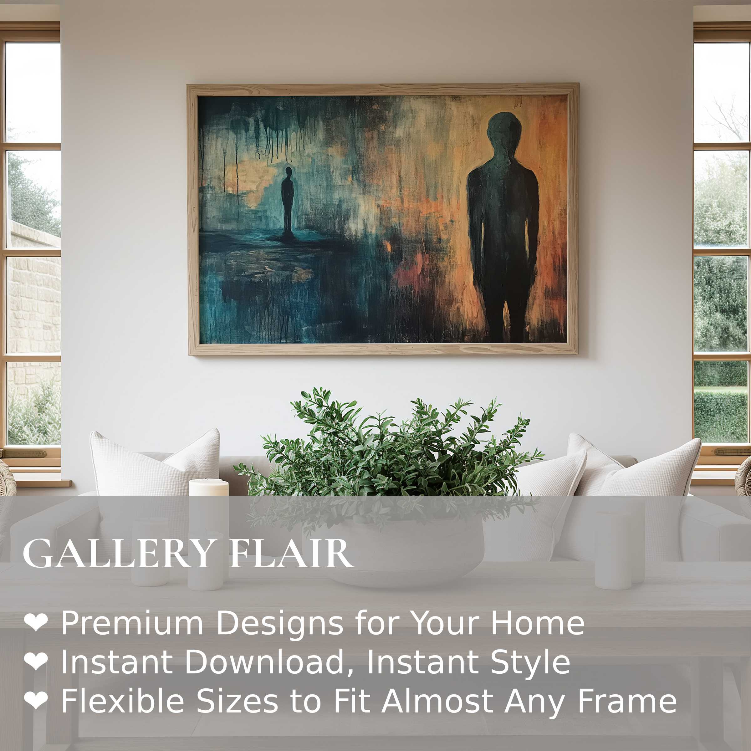 Modern wall art print with abstract silhouettes in deep blues and warm ambers, enhancing serene, contemporary living spaces