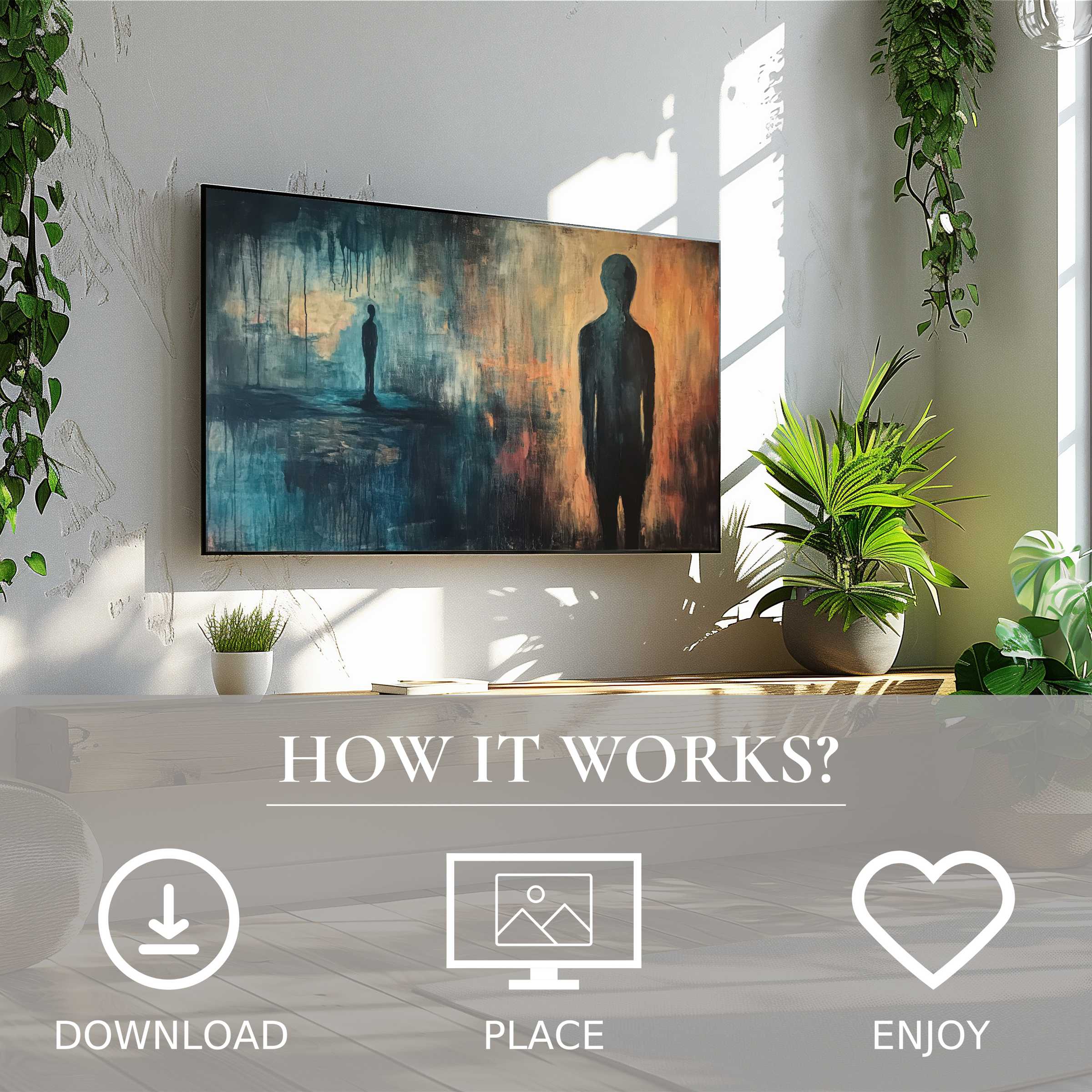 Modern art for Samsung TV; abstract silhouettes in twilight tones enrich living spaces via easy digital download
