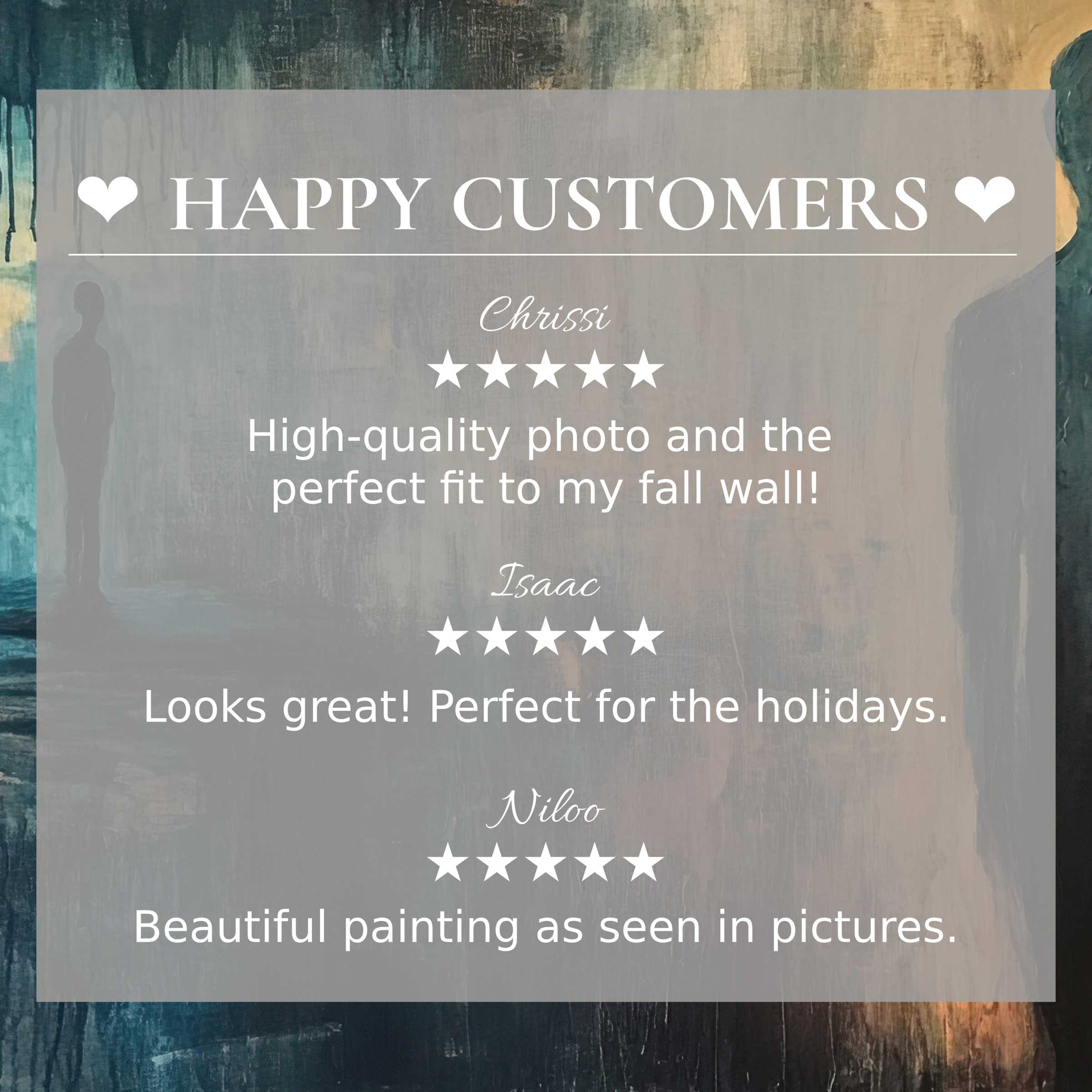 Modern art for Frame TV with abstract sunset hues, showcasing happy customer reviews and elegant, trustworthy design