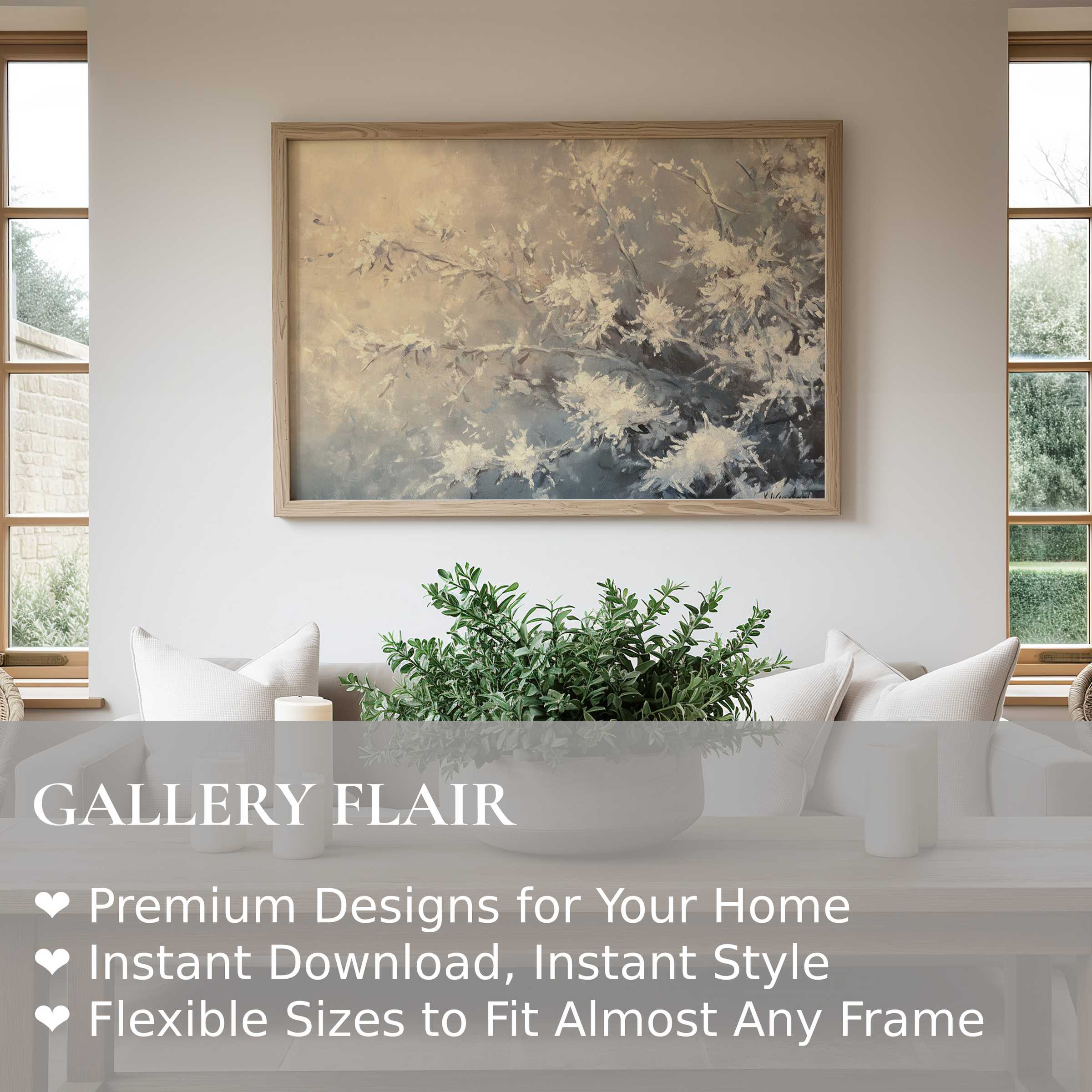 Winter wall art print featuring soft, serene frosted branches in muted tones, enhancing modern Scandinavian interiors with calming elegance