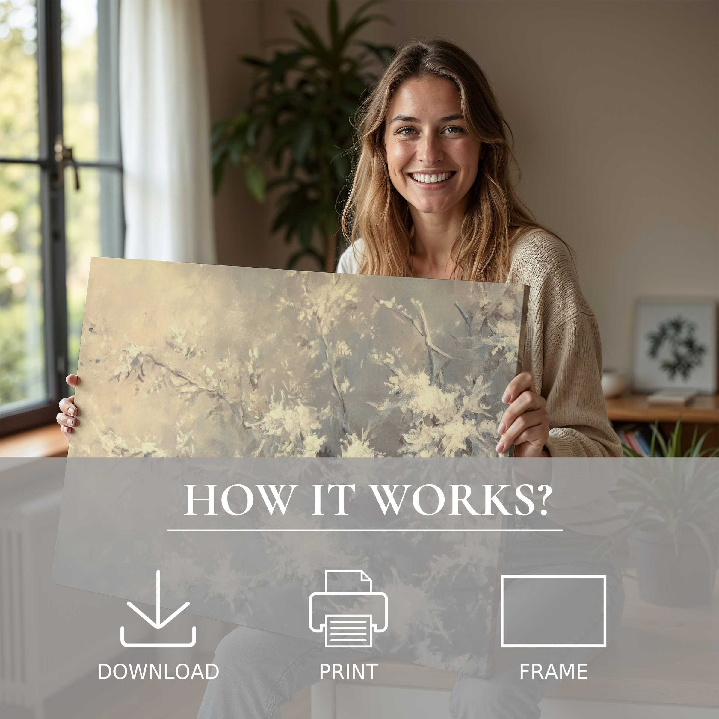 A joyful woman in a serene modern home embraces a winter digital art print, celebrating art’s effortless warmth and connection