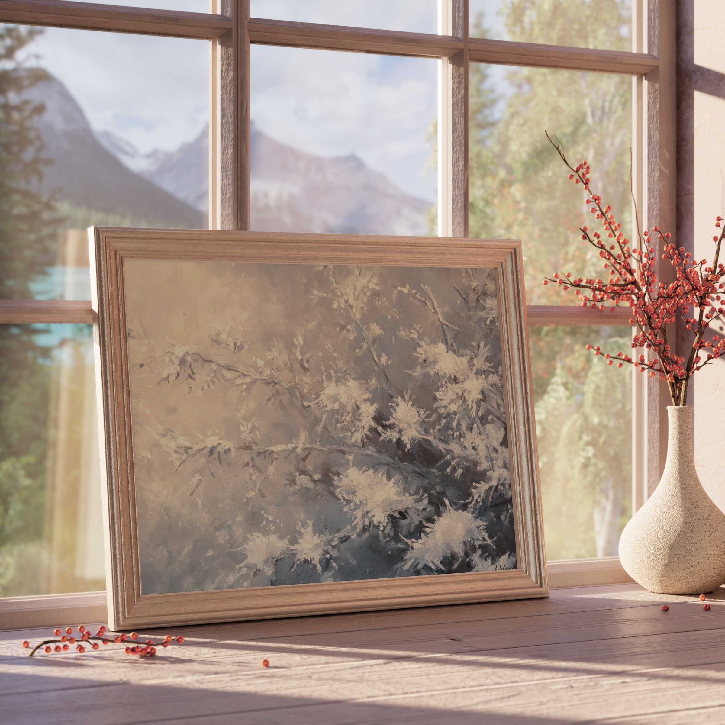 Winter downloadable art capturing delicate frost on branches, elevating curated, tranquil interiors with serene natural elegance