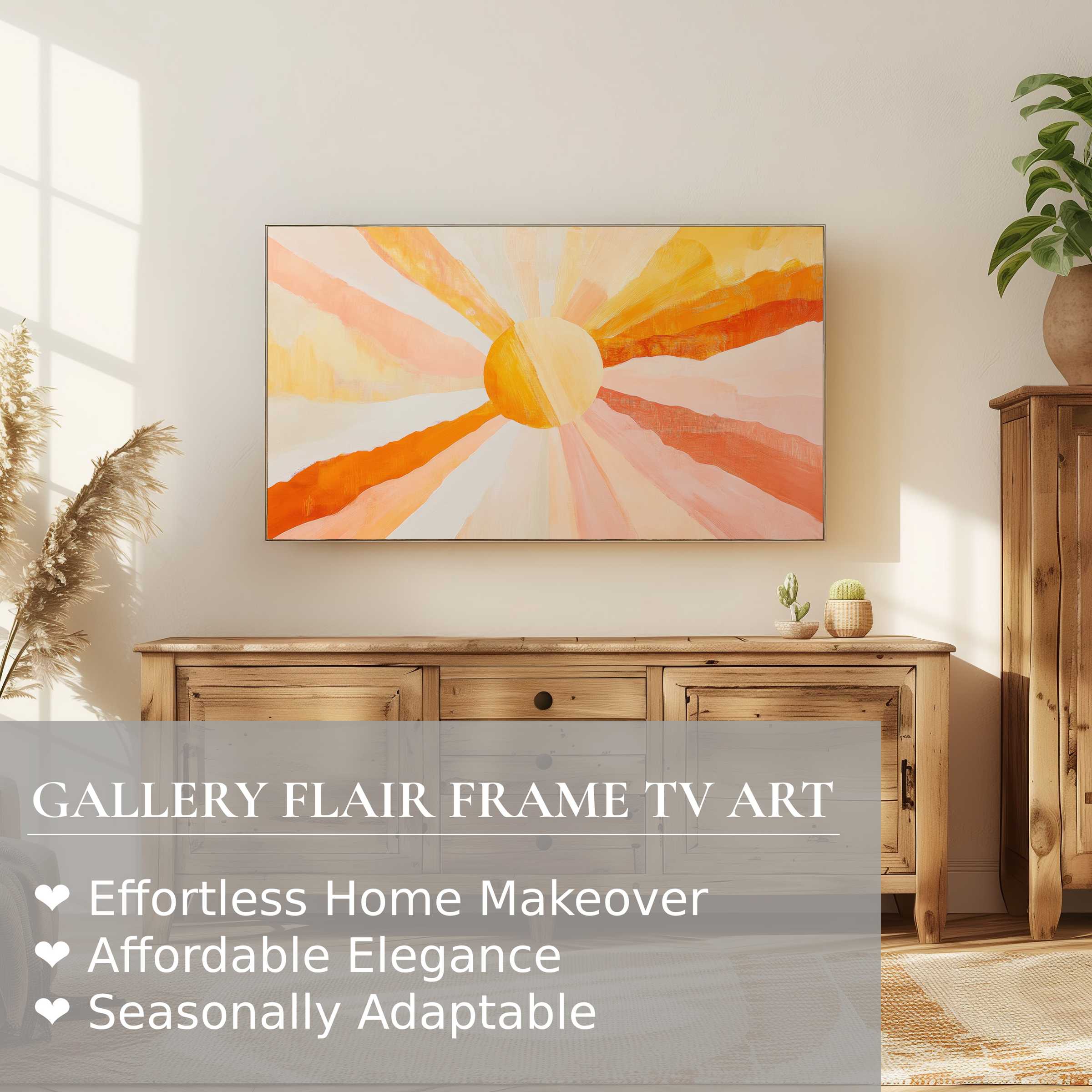 Elegant boho digital artwork of a sunburst displayed on Samsung Frame TV above rustic wood console in bright, airy room