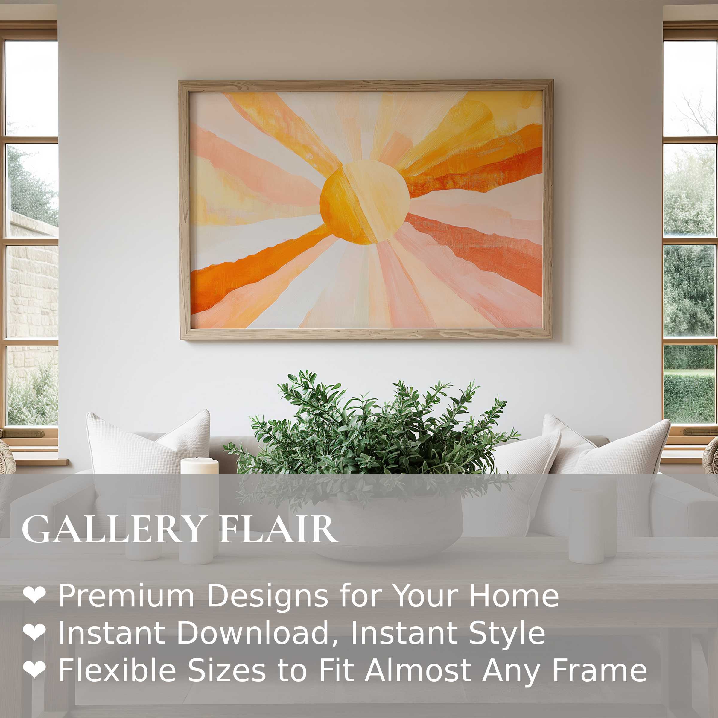 Radiant boho wall art print with sunburst hues enhances serene modern interiors, adding warmth and vibrant, uplifting energy