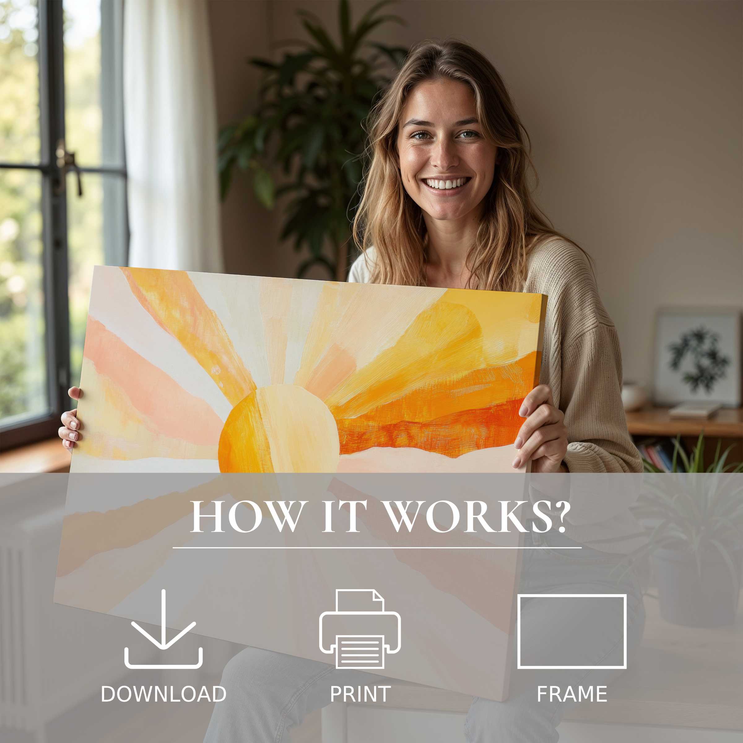 Radiant boho digital art print illuminating a modern home, capturing the joy and ease of living beautifully with abstract art