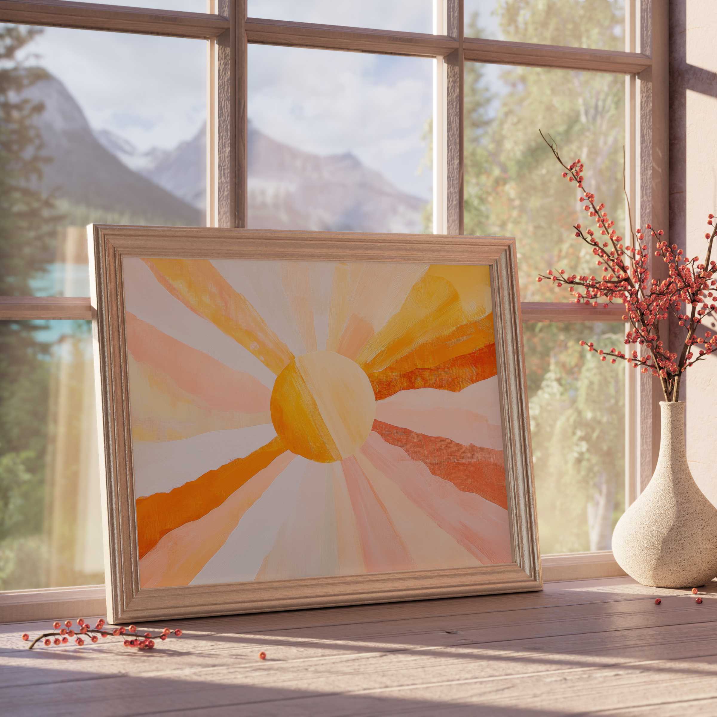 Boho downloadable art radiating warm sunburst hues, perfect for curated, tranquil, design-forward interiors with natural light