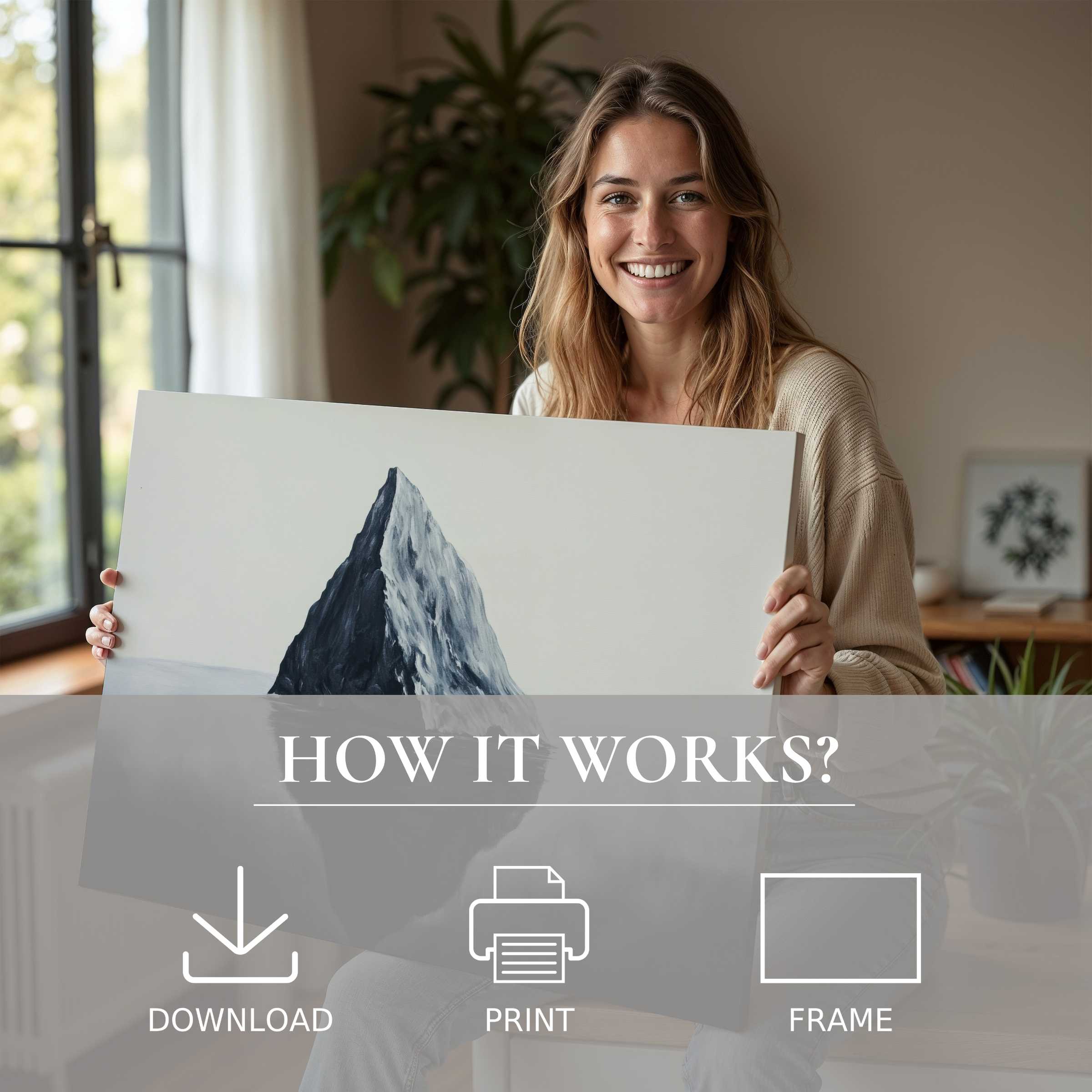 Woman radiates joy in a modern home, embracing the transformative elegance of a minimalist digital art print