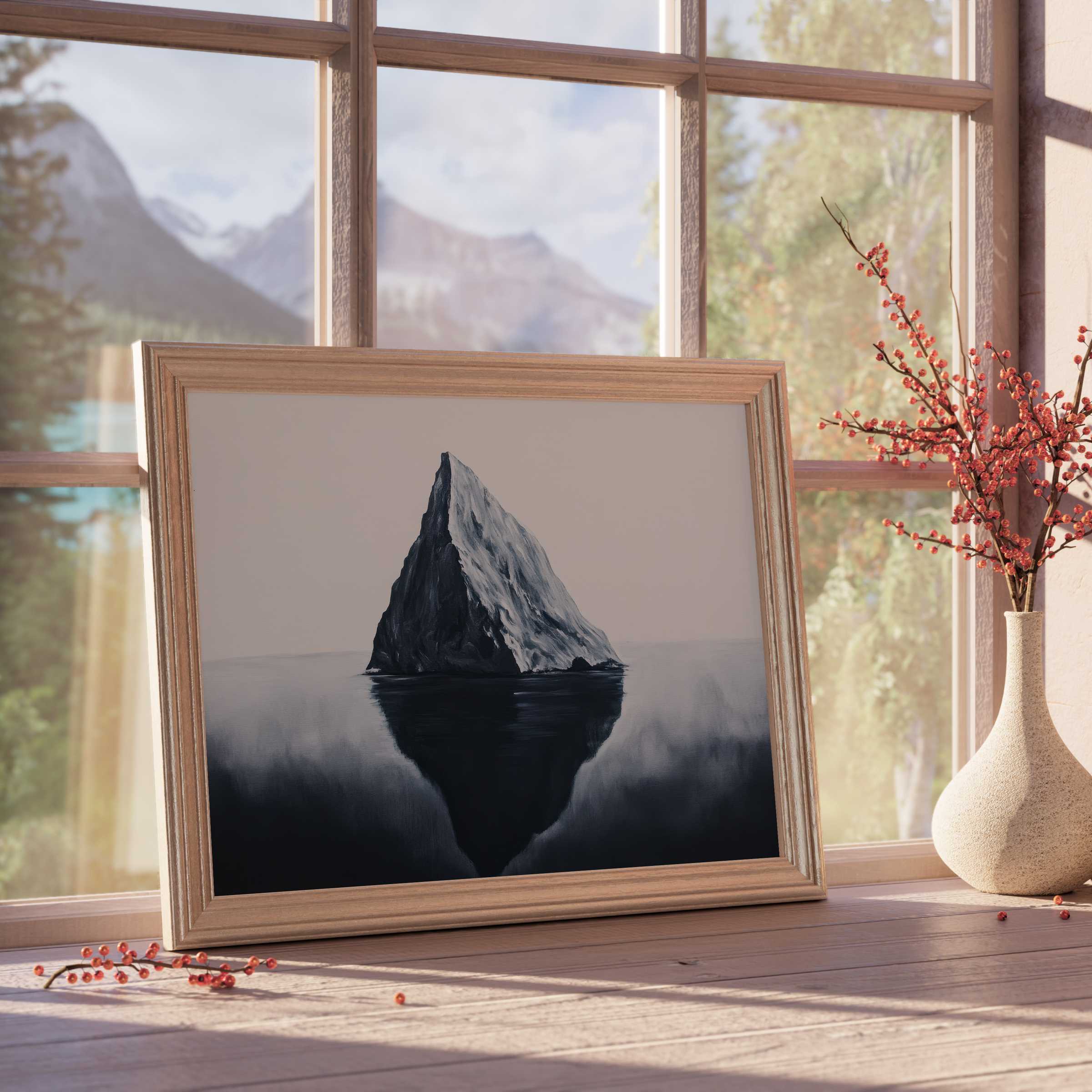 Minimalist downloadable art capturing serene mountain tranquility, perfect for elevating calm, curated, design-forward living spaces