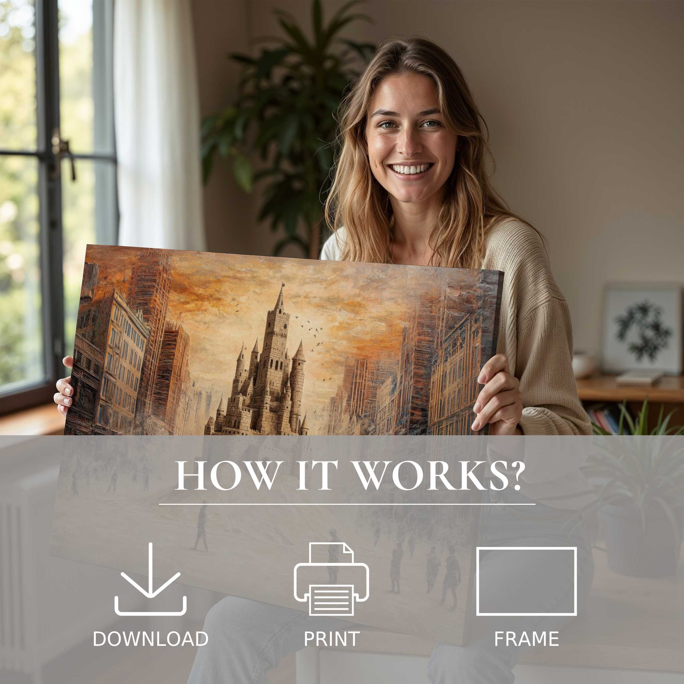 A serene moment of joy as a woman embraces street art digital art print, infusing her modern home with warmth and timeless beauty