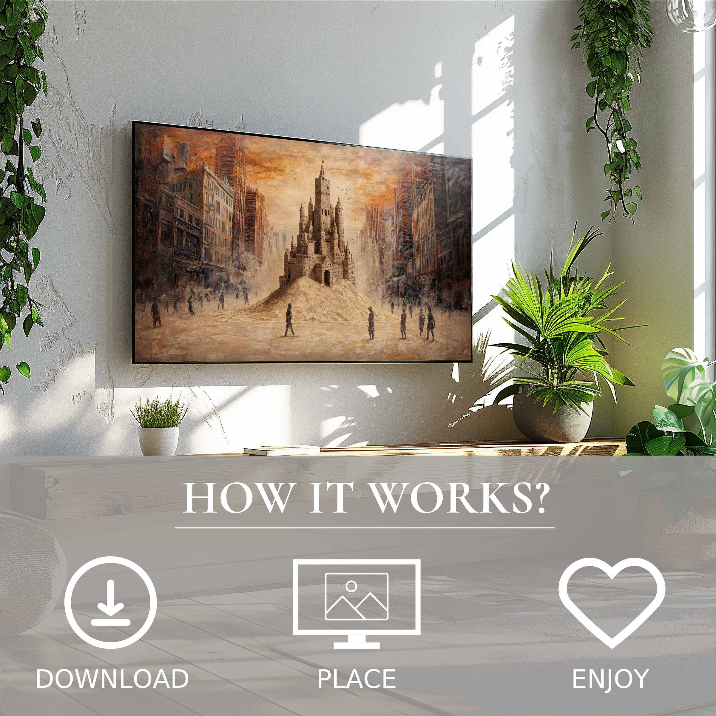 Modern living room with street art for Samsung TV, digital download; castle motif in warm sunset tones enriches space