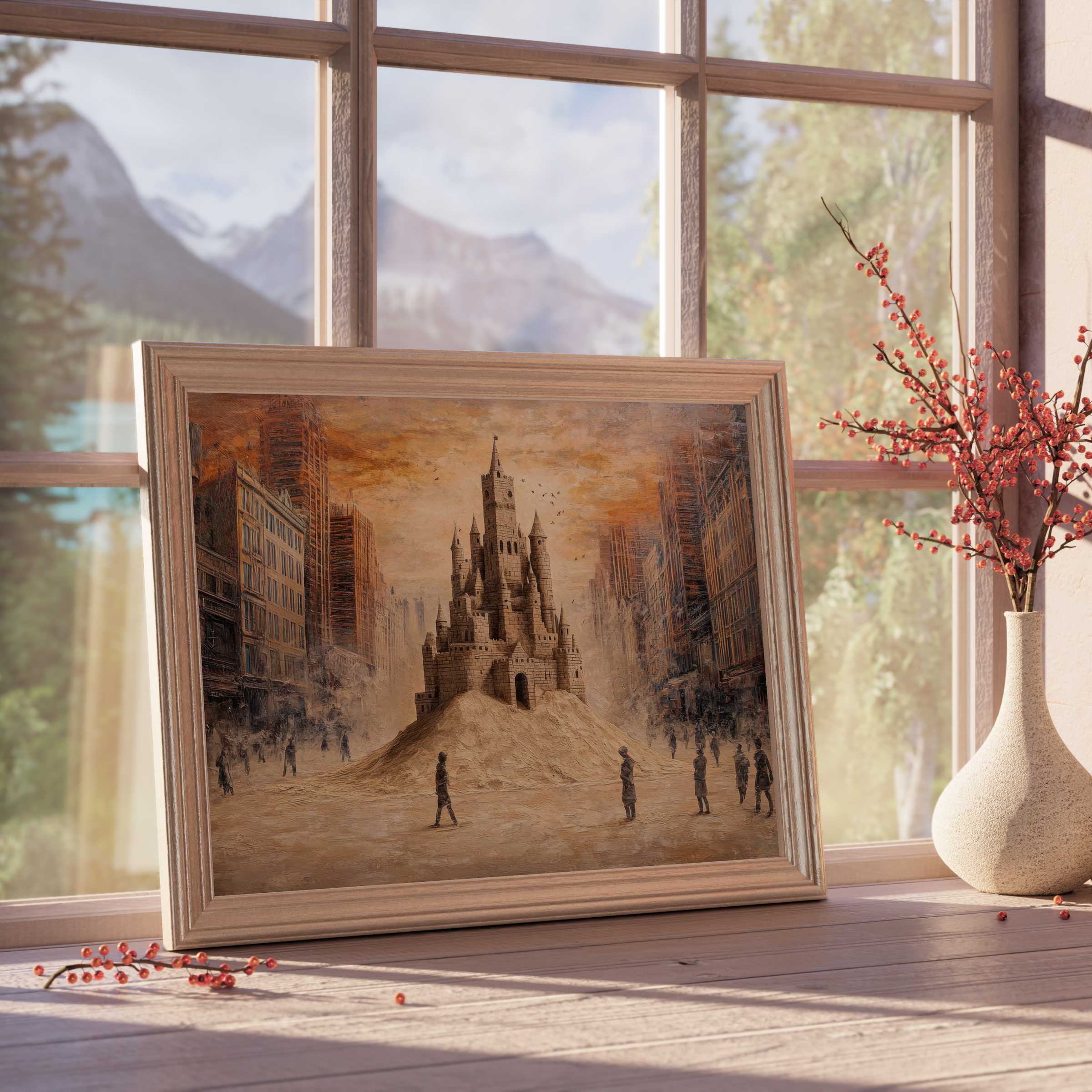 Street art downloadable art capturing an ethereal cityscape with a sandcastle fortress, imbuing warm, tranquil vibes into curated modern interiors