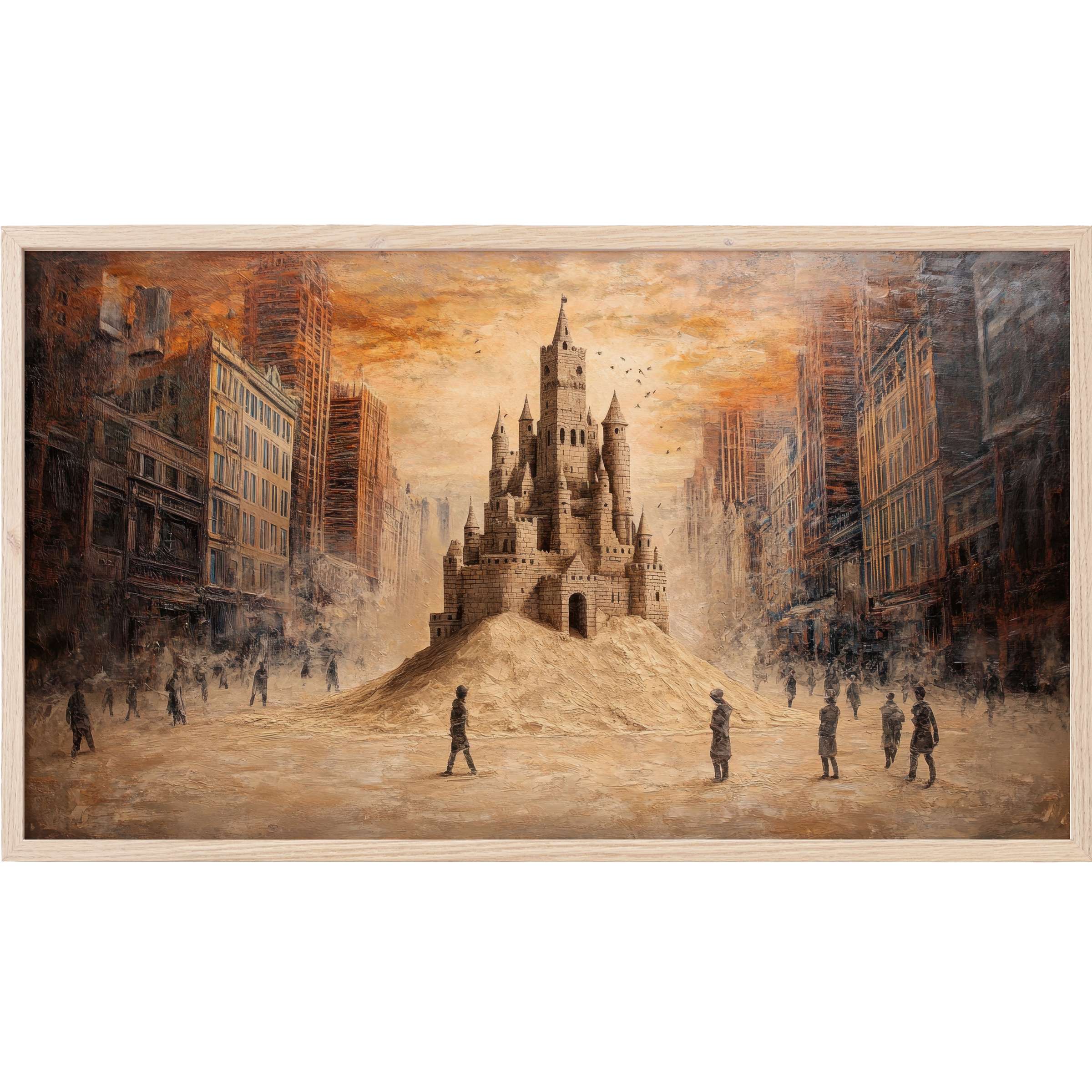Elegant sepia tones blend urban silhouettes with a majestic sandcastle centerpiece in this street art Frame TV Art