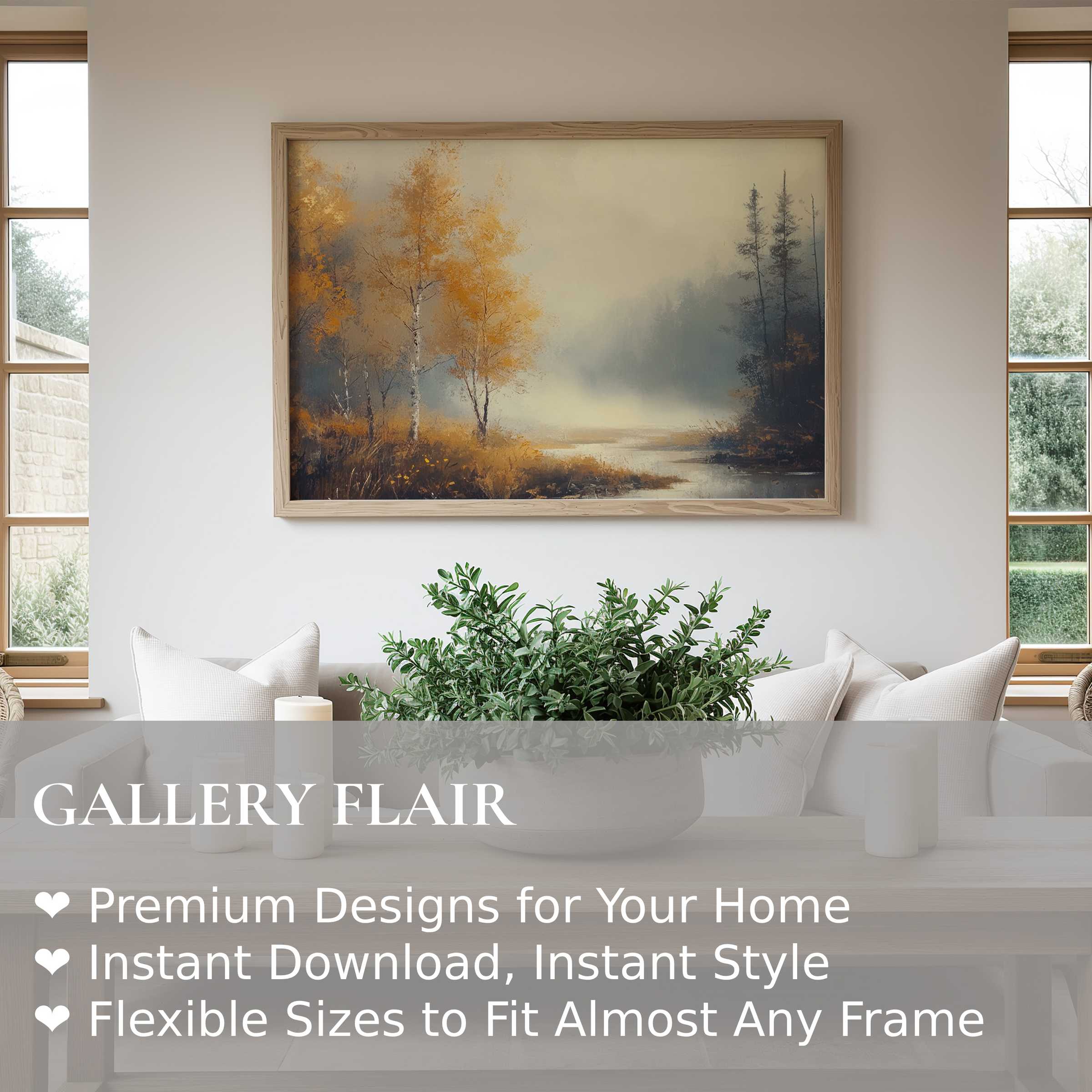 Radiant fall wall art print capturing golden birch trees and misty lake, enhancing serene modern farmhouse interiors with warm, calming elegance