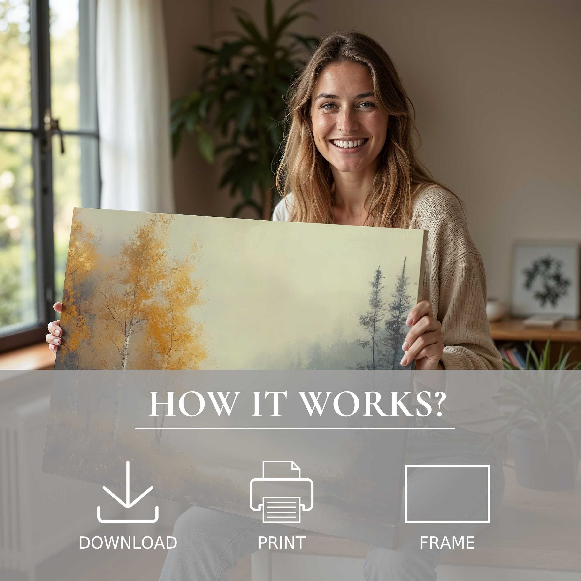 Refined fall digital art print embraced in a sunlit modern home, evoking serene warmth and effortless style
