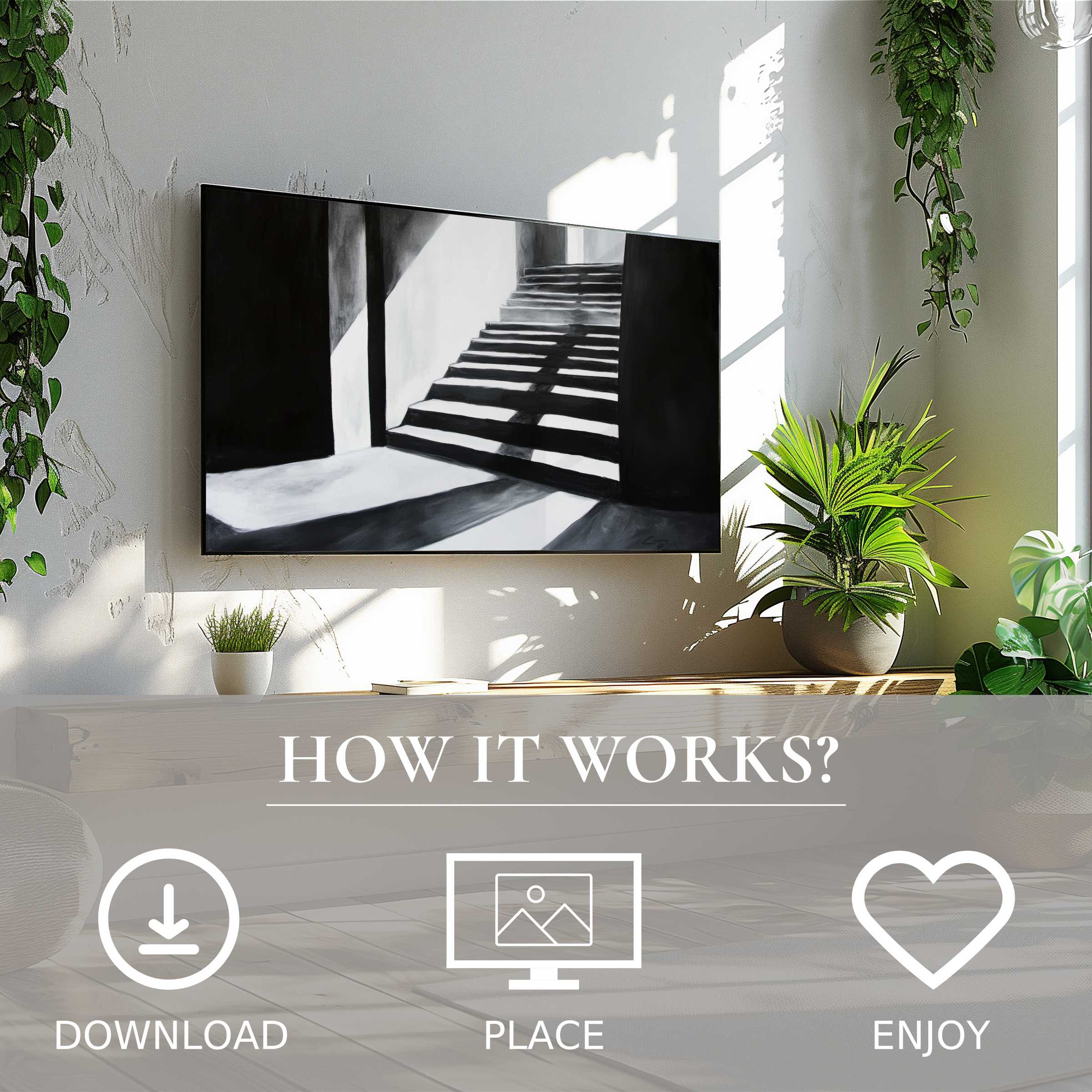 Black and white art for Samsung TV shows an abstract staircase motif, easy digital download enriches modern living spaces