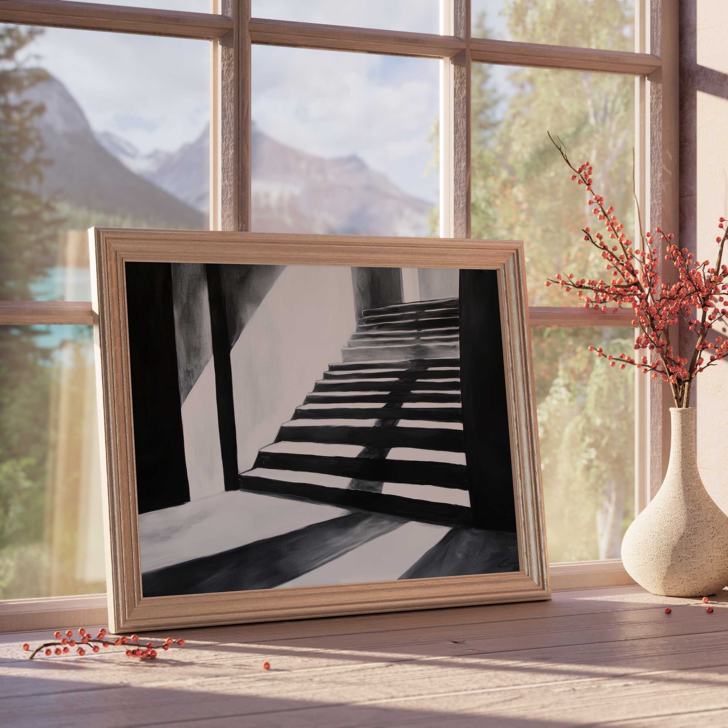 Timeless black and white downloadable art of shadowed stairs in a sleek wood frame, elevating serene, curated interiors