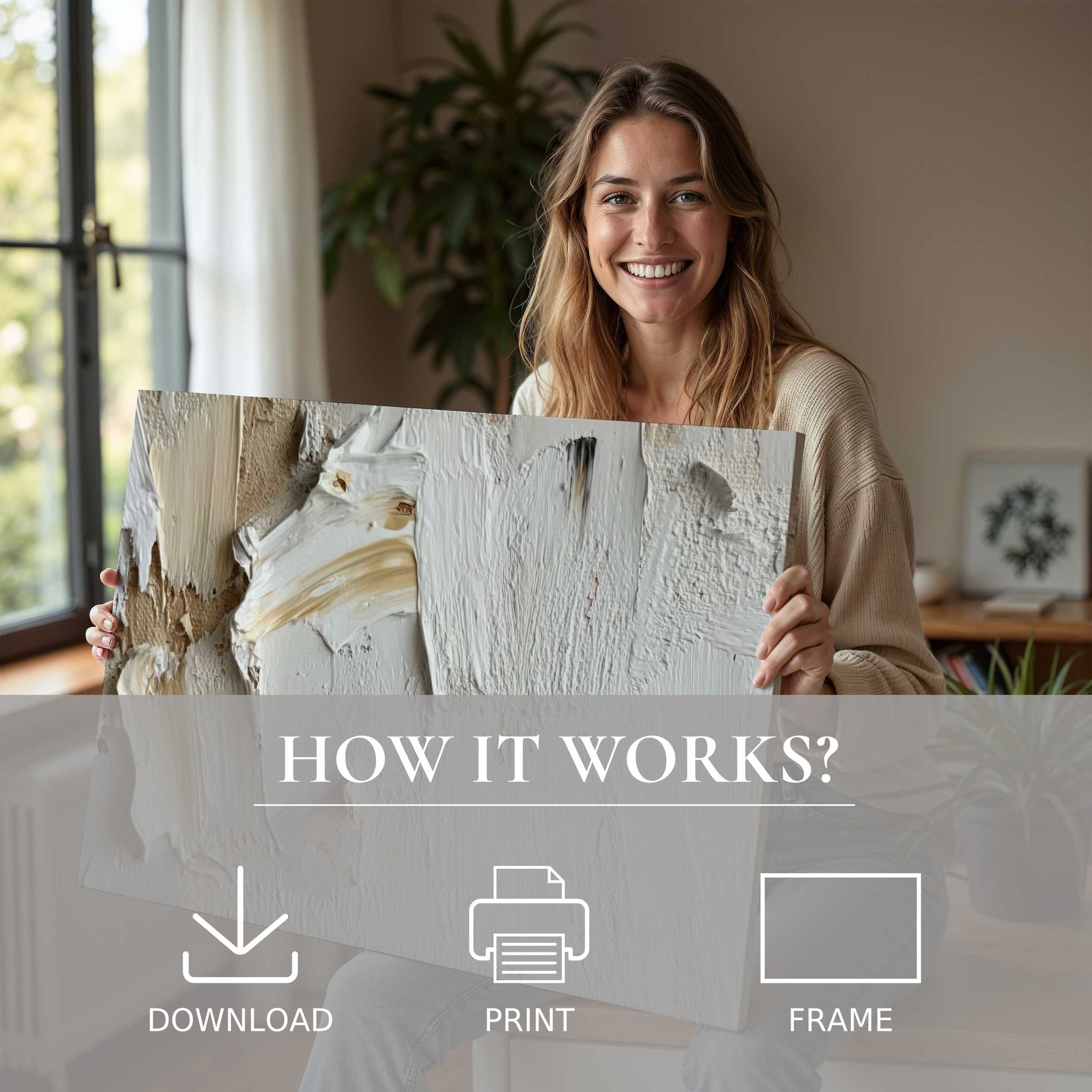 Joyful connection with serene neutral digital art print transforms modern living spaces through effortless elegance and subtle textures