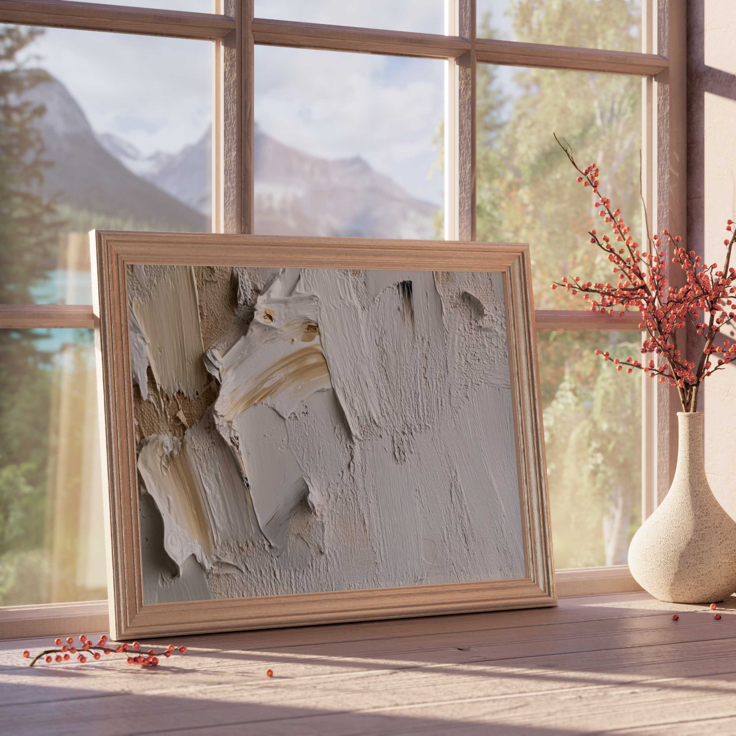 Neutral downloadable art featuring textured creamy beige and soft taupe brushstrokes, enhancing serene, curated modern interiors