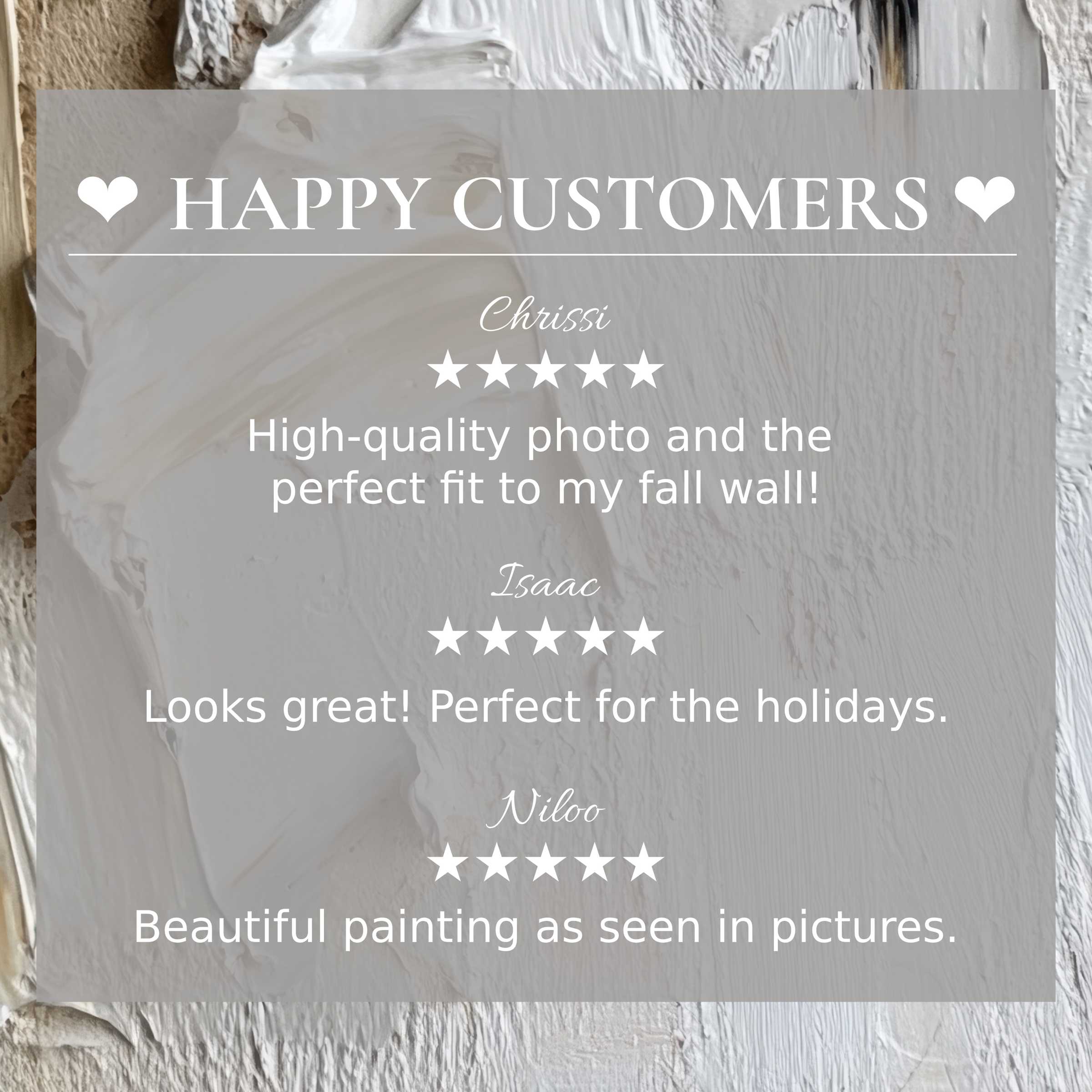 Neutral art for Frame TV with textured beige background; layout inspires trust showcasing happy customer reviews