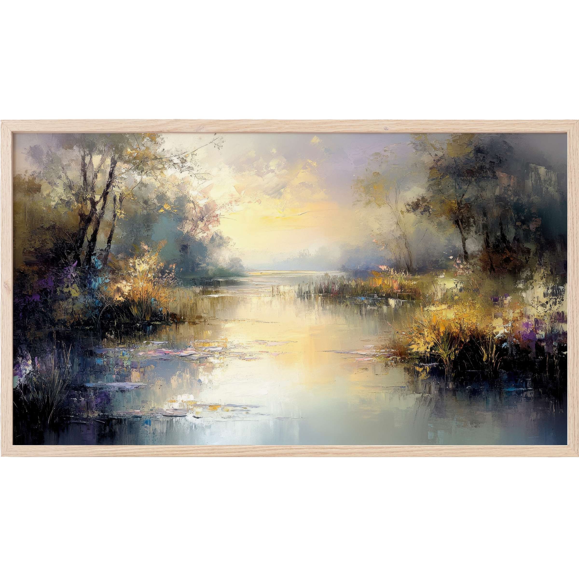 Tranquil lakeside scene with soft pastels and deep shadows in a wood frame, vintage Frame TV Art