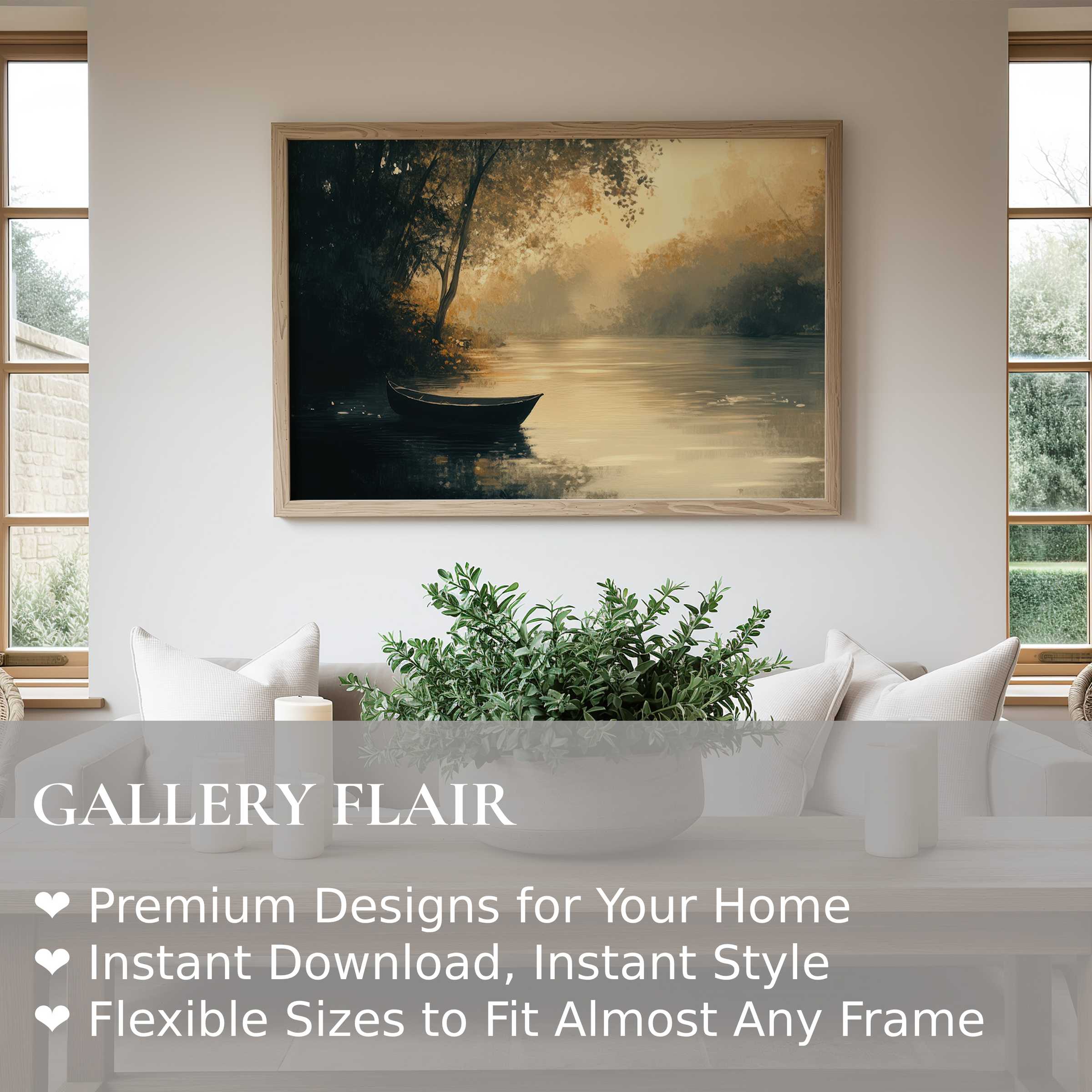 Serene landscape wall art print featuring a tranquil river and boat, enhancing modern minimalist interiors with calming, warm tones