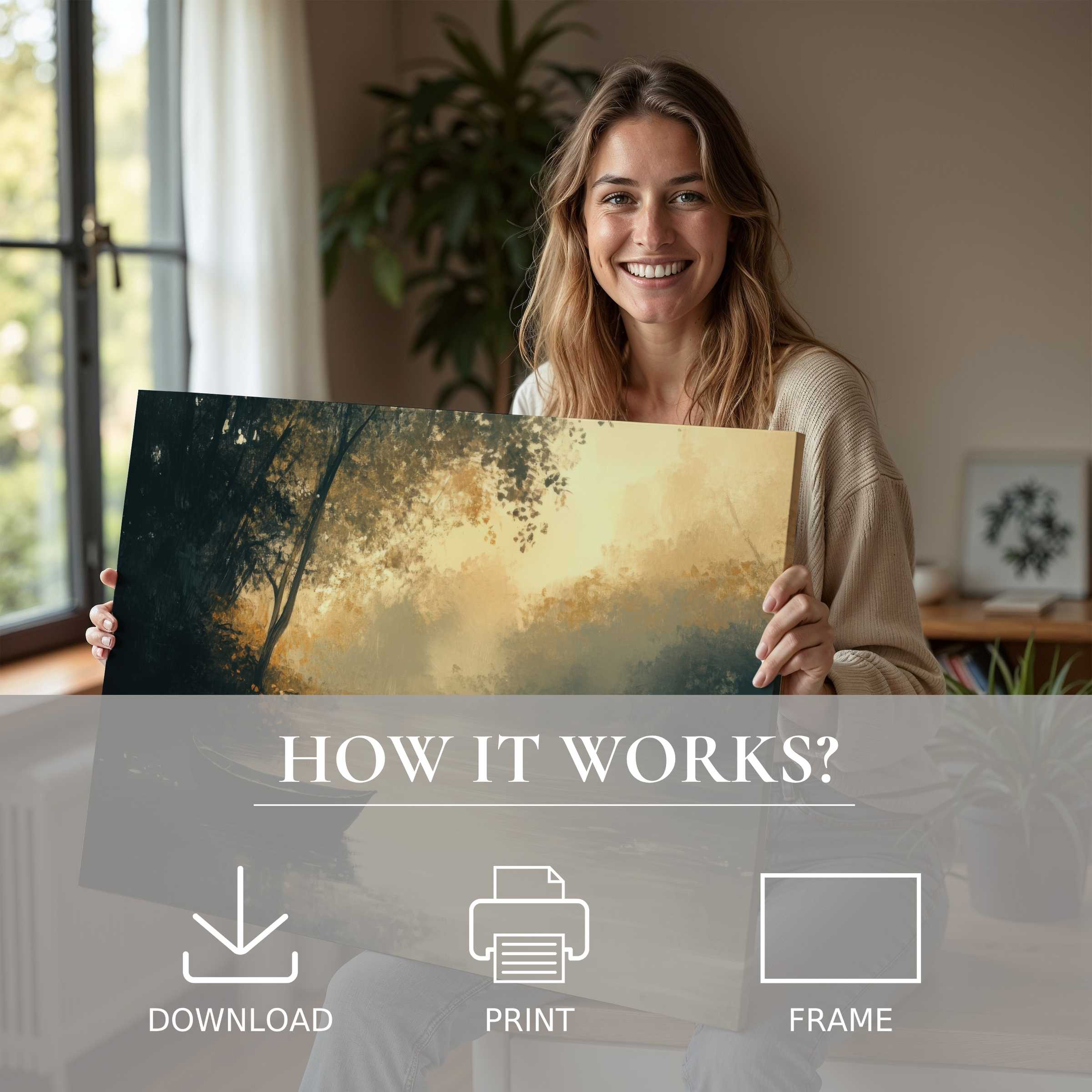 Woman in modern home radiates joy holding a warm-toned landscape digital art print, epitomizing effortless elegance in art living