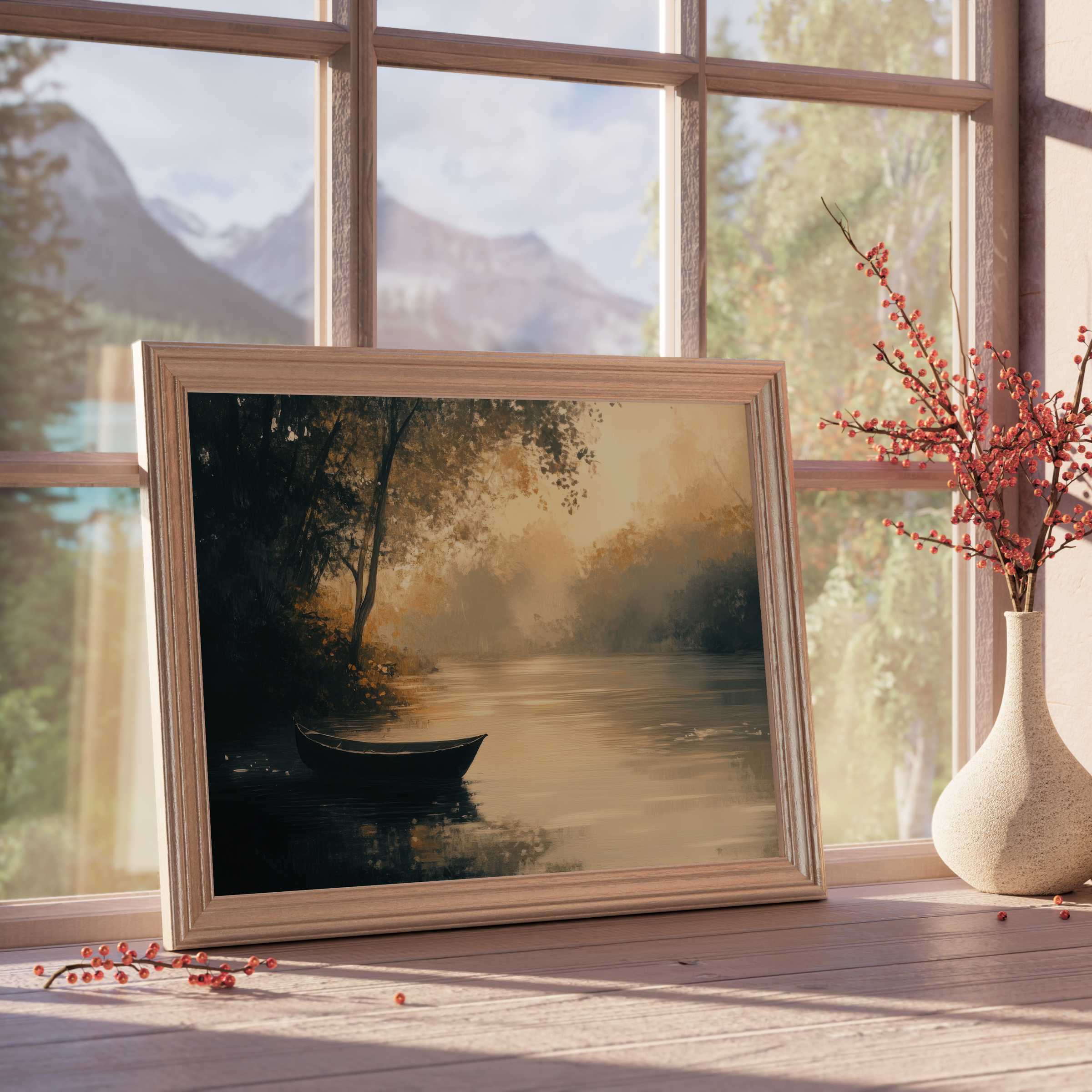 Serene landscape downloadable art capturing a tranquil riverside at dusk, elevating elegant interiors with warm, soothing ambiance