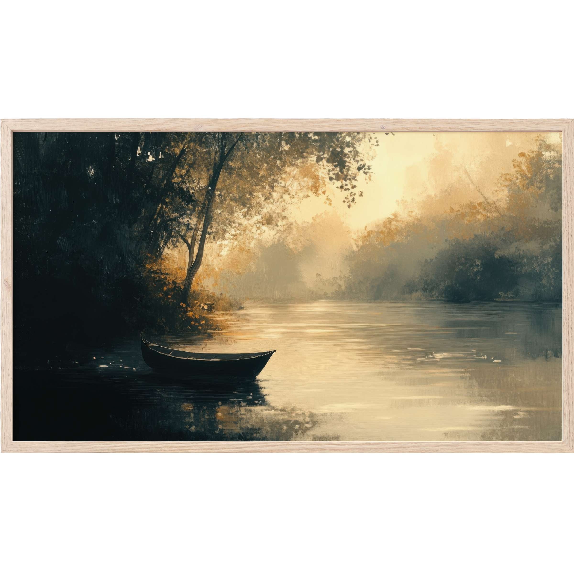 Serene river scene in muted gold and deep blues, featuring a lone boat - perfect landscape Frame TV Art for elegant decor