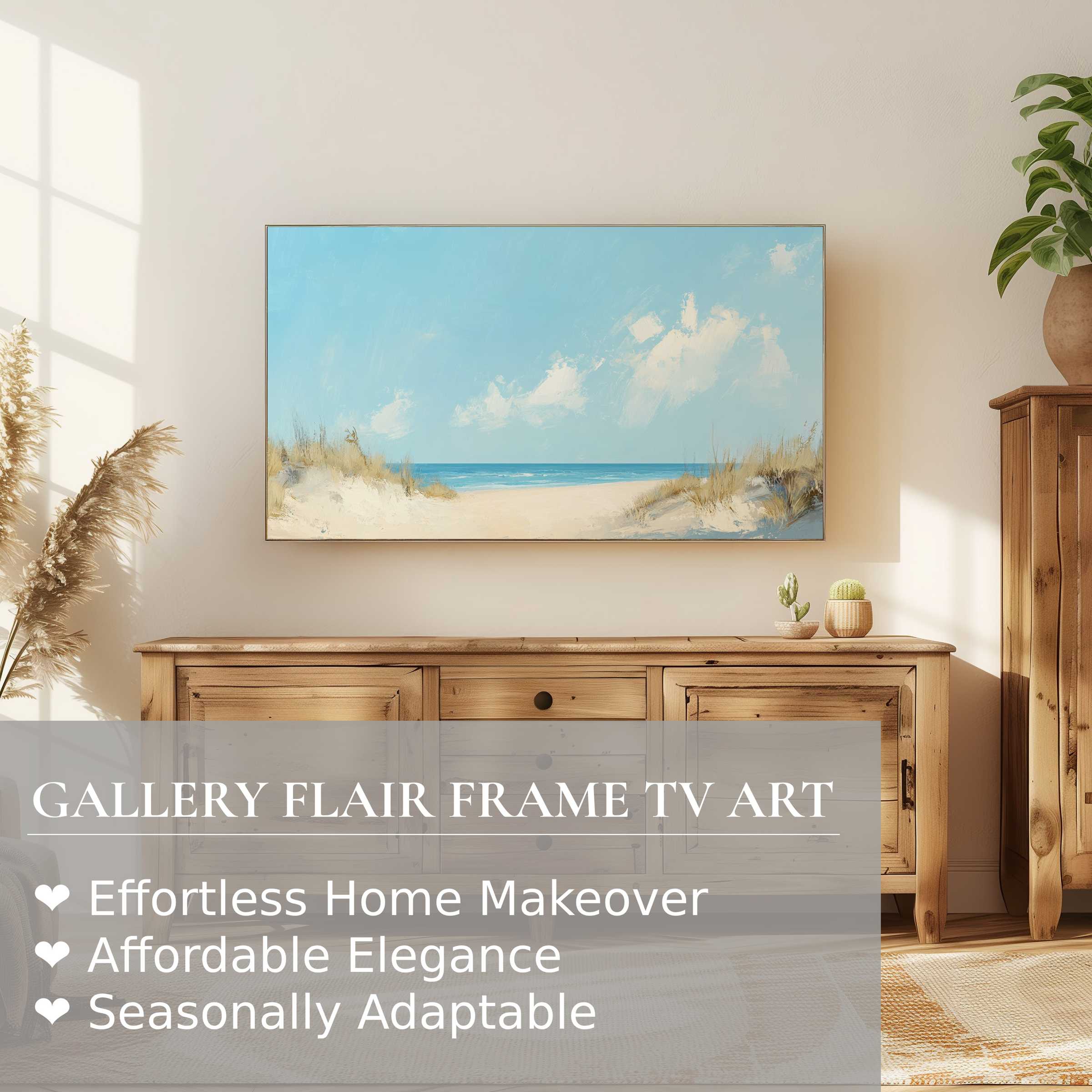 Modern beach scene displayed on Samsung Frame TV, a serene summer digital artwork enhancing elegant home decor