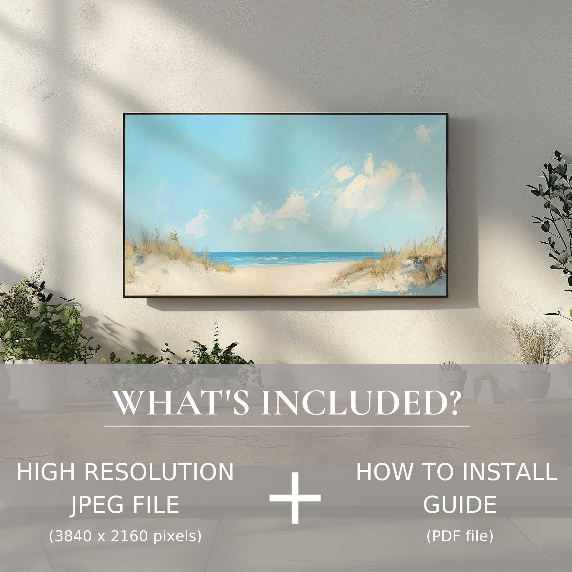 Elegant summer digital TV art download enhances living spaces with easy digital use, showcasing serene beach scenery
