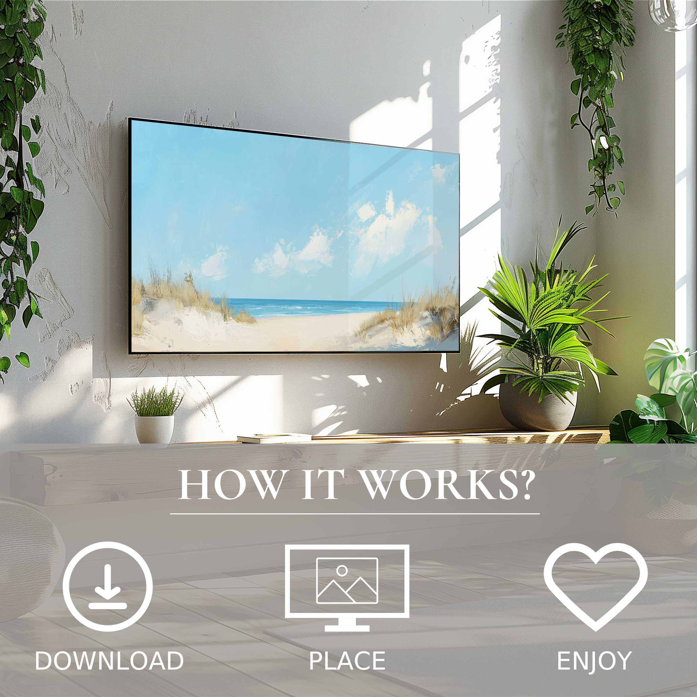 Modern living room with summer art for Samsung TV, soft beach tones, easy digital download, brightening your space