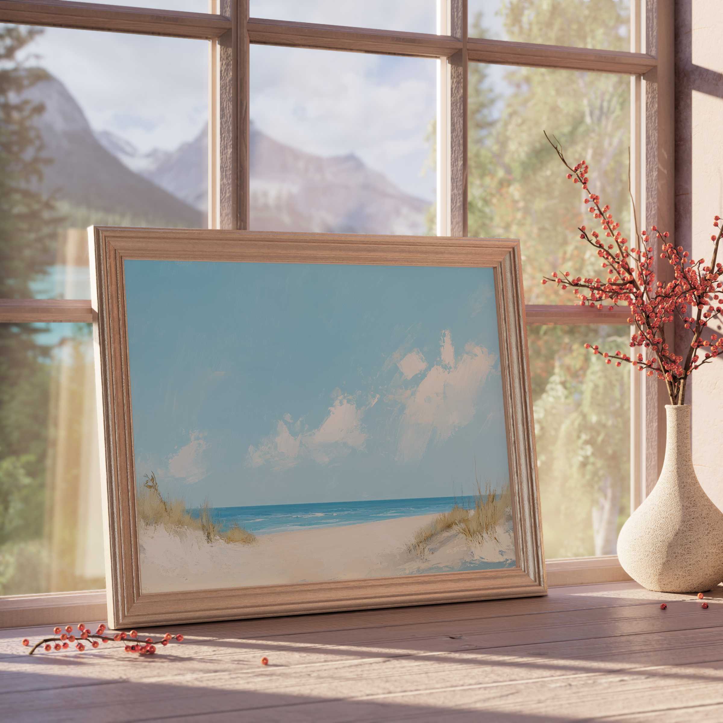 Summer downloadable art capturing serene coastal dunes with soft blues and warm sandy hues, elevating tranquil, curated interiors