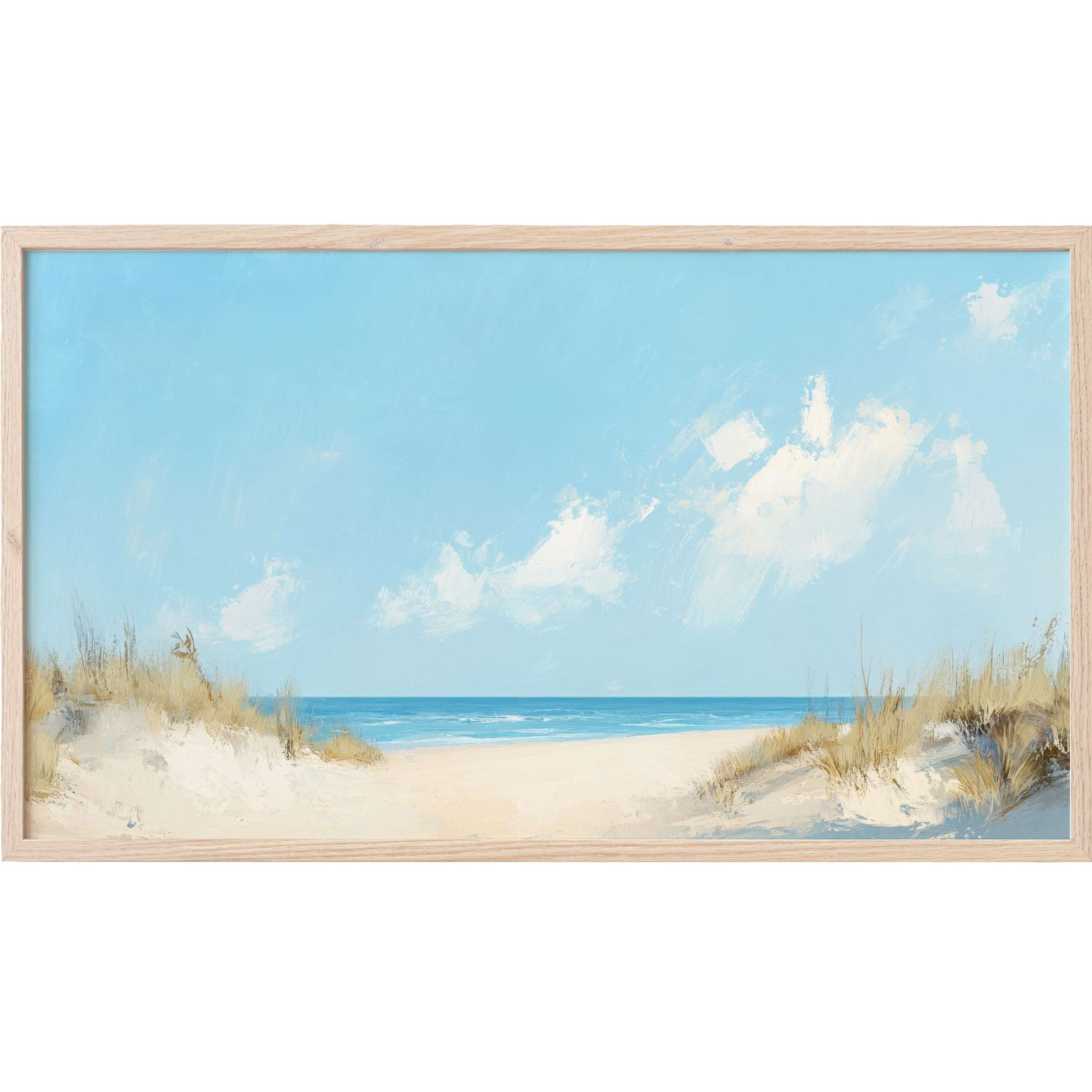 Serene coastal scene with soft blues and sandy neutrals, an elegant summer Frame TV Art for modern spaces
