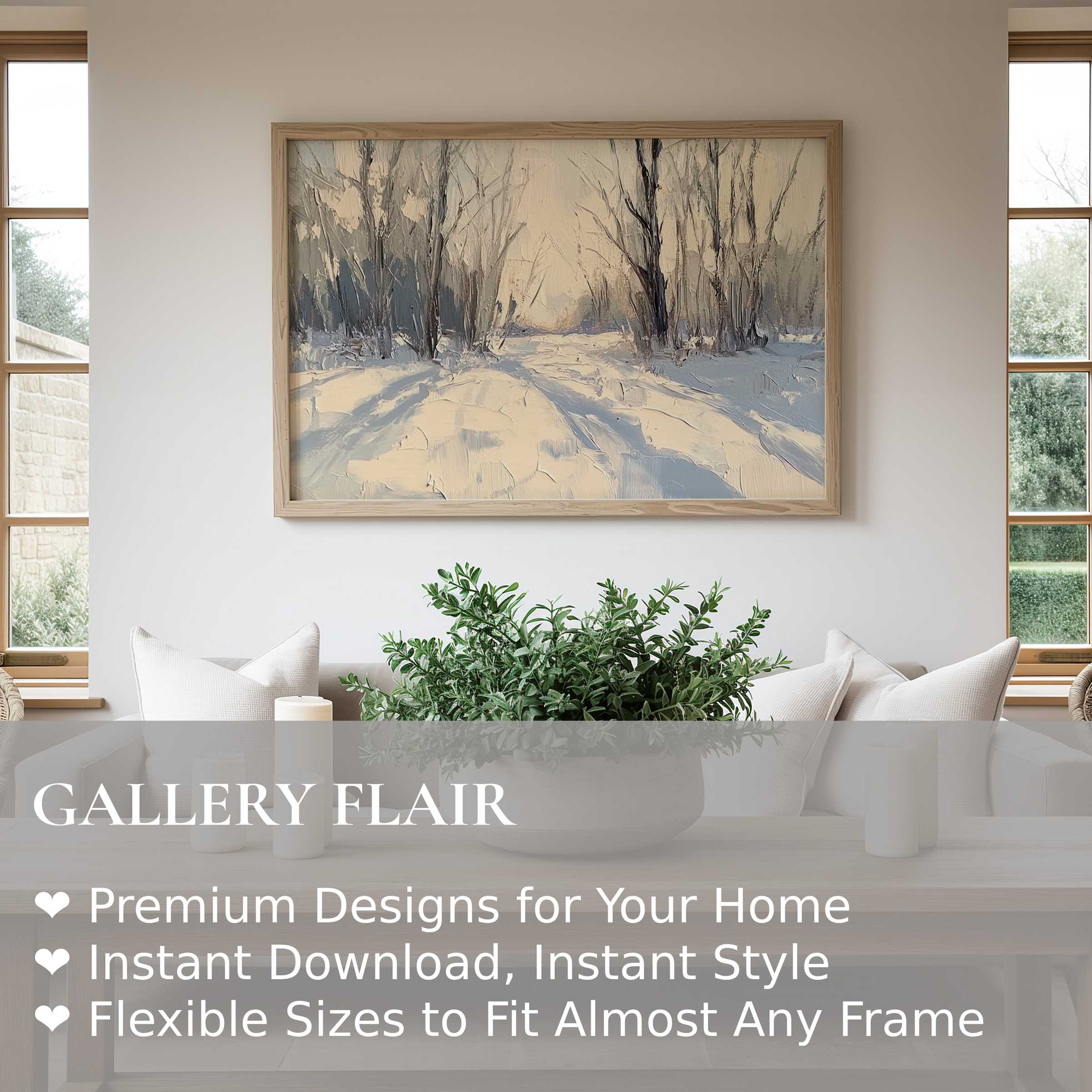 Serene tree wall art print featuring a soft winter landscape in neutral tones, elevating modern minimalist interiors with tranquil, natural charm