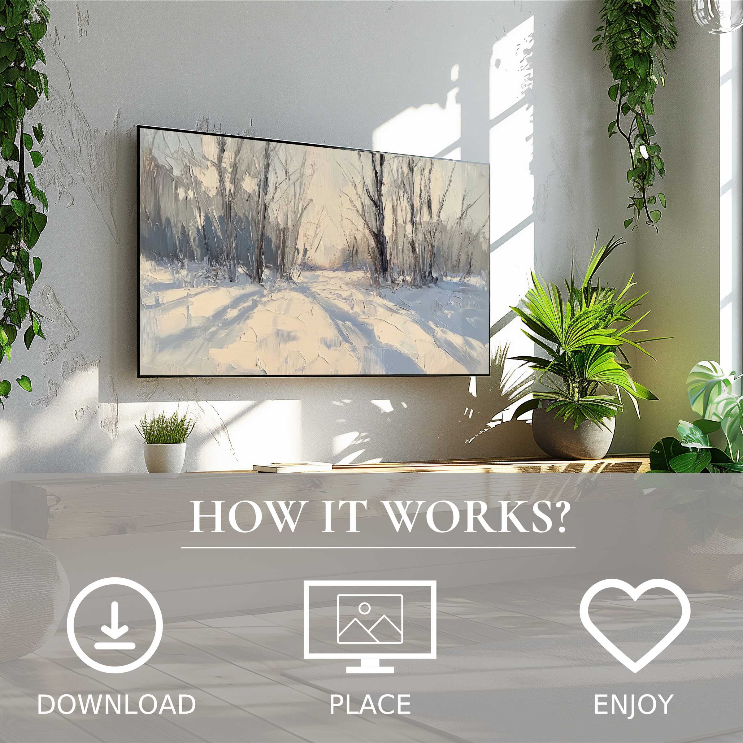 Tree art for Samsung TV in soft sunset tones adds warmth and style; easy digital download enriches your living space