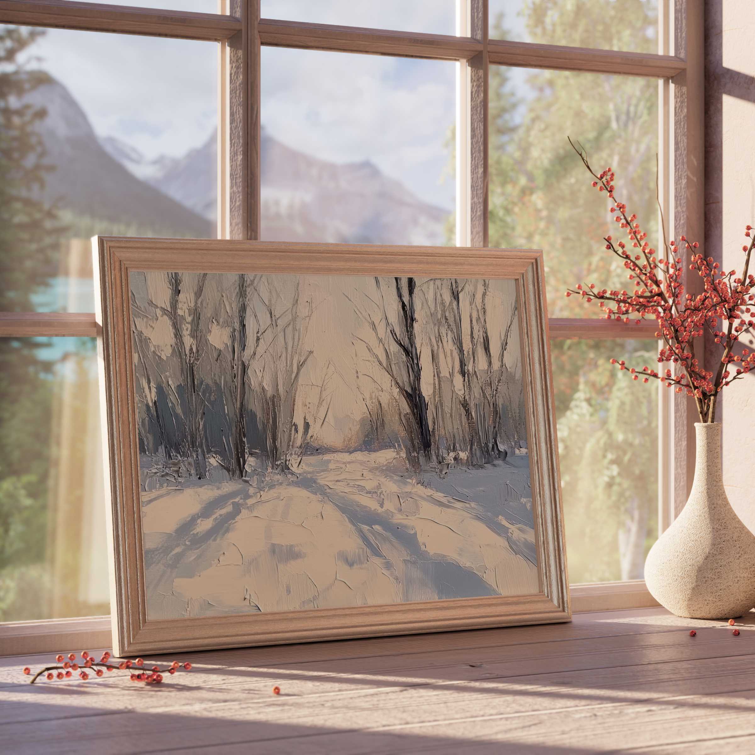 Serene tree downloadable art in muted winter hues, evoking calm and warmth for refined, tranquil living spaces