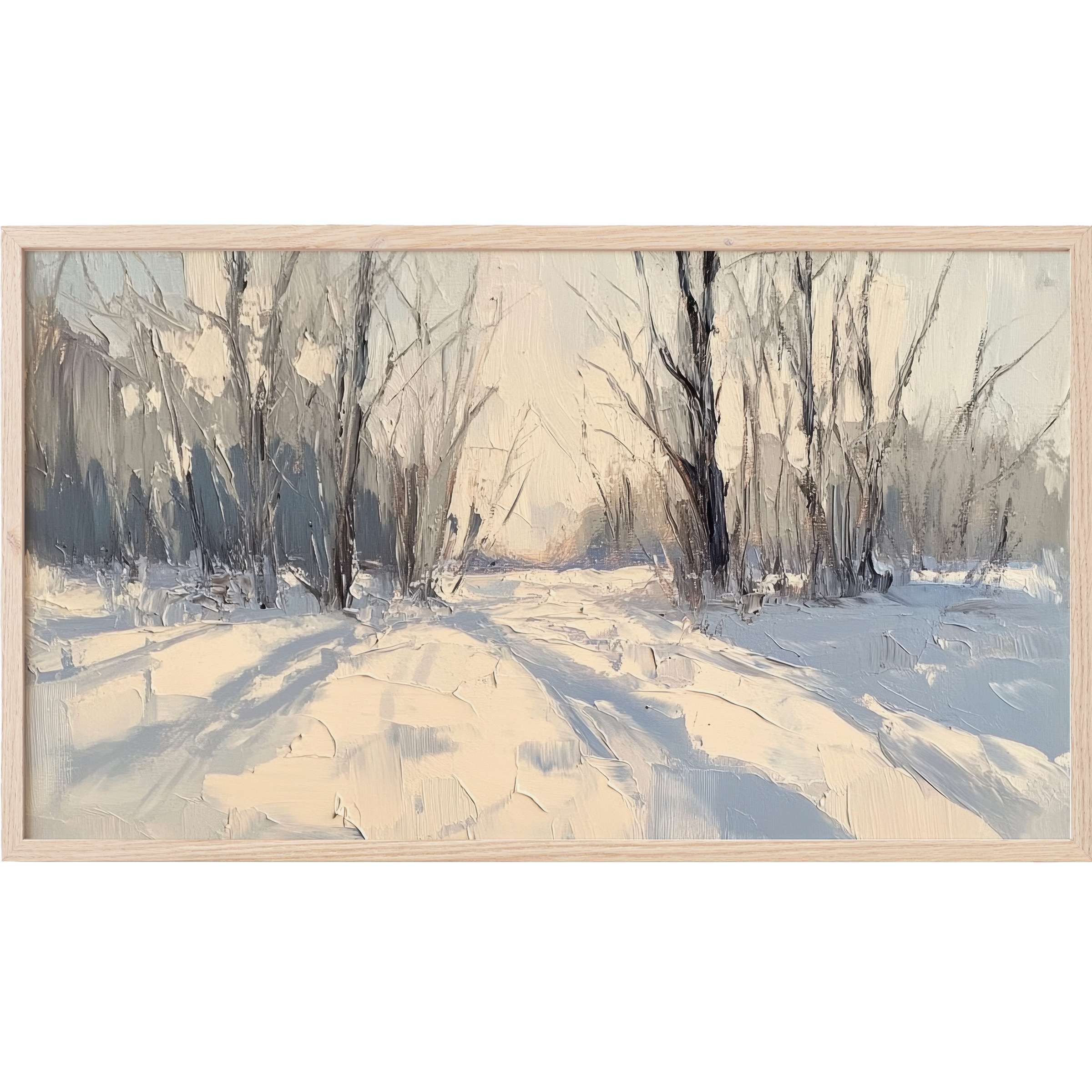 Serene winter landscape in soft grays and creams, textured oil brushstrokes define tree Frame TV Art elegance