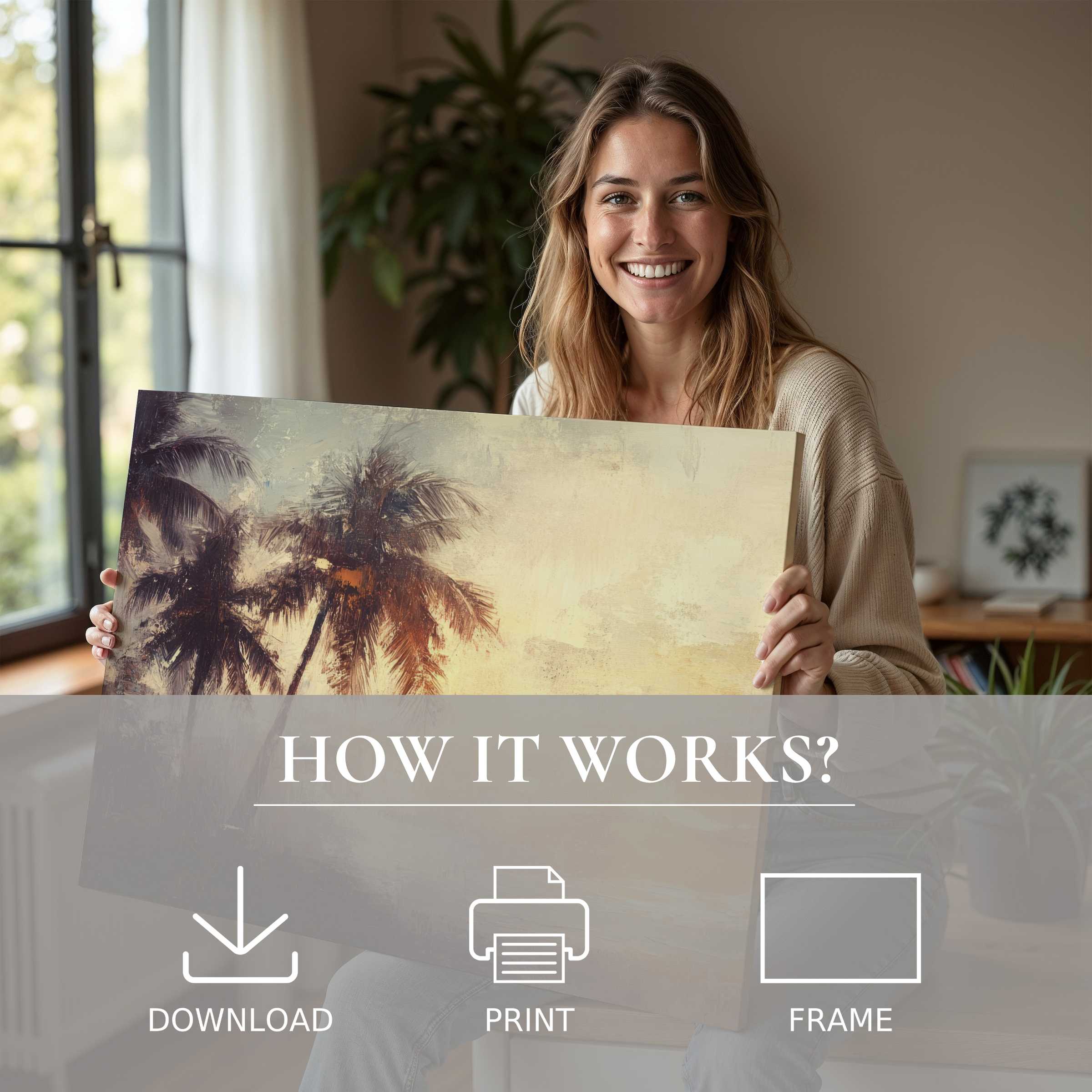 Woman joyfully embracing a beach digital art print with soft palm tones, evoking serene coastal warmth in a modern home
