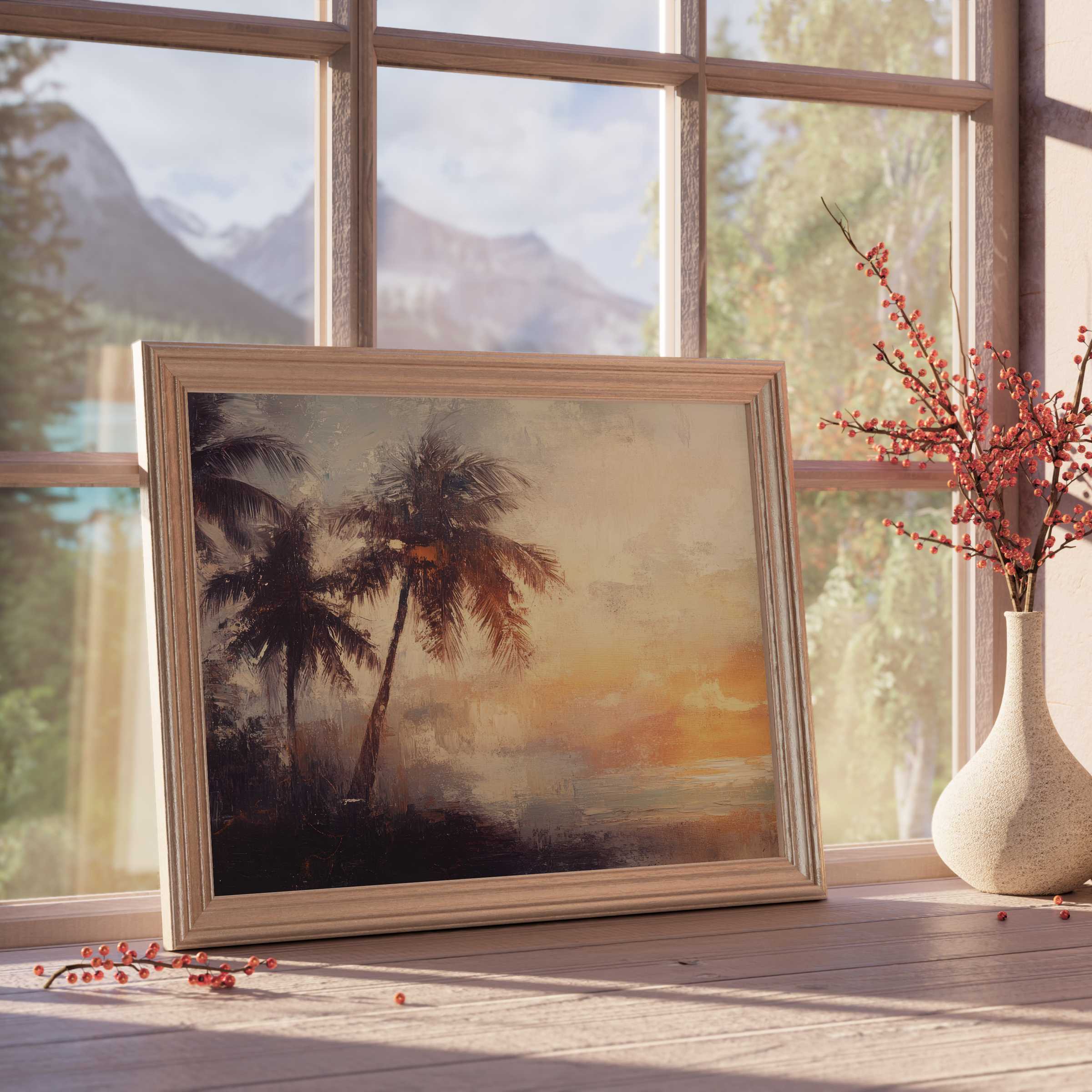 Beach downloadable art capturing a tranquil sunset with palm silhouettes, perfect for curated, serene interiors