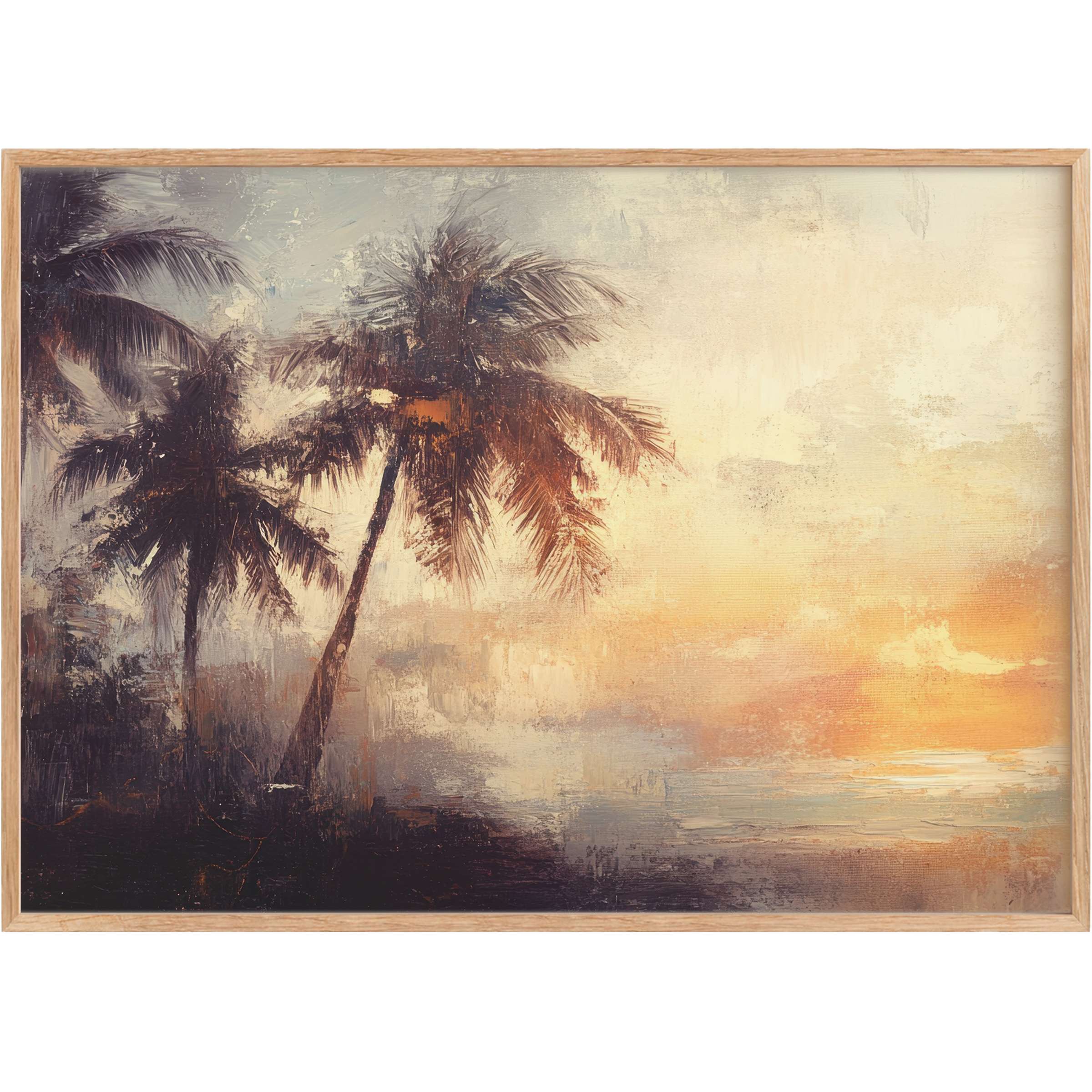Elegant beach printable wall art featuring soft golden hues and shadowy palm silhouettes, evoking a serene, sunset ambiance