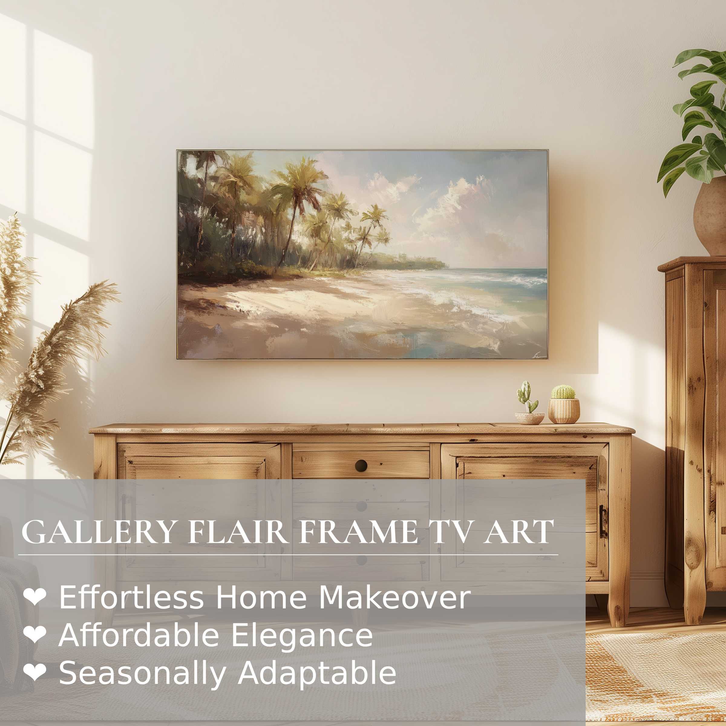Samsung Frame TV displays coastal digital artwork with serene beach and palm trees in a warm, modern living space