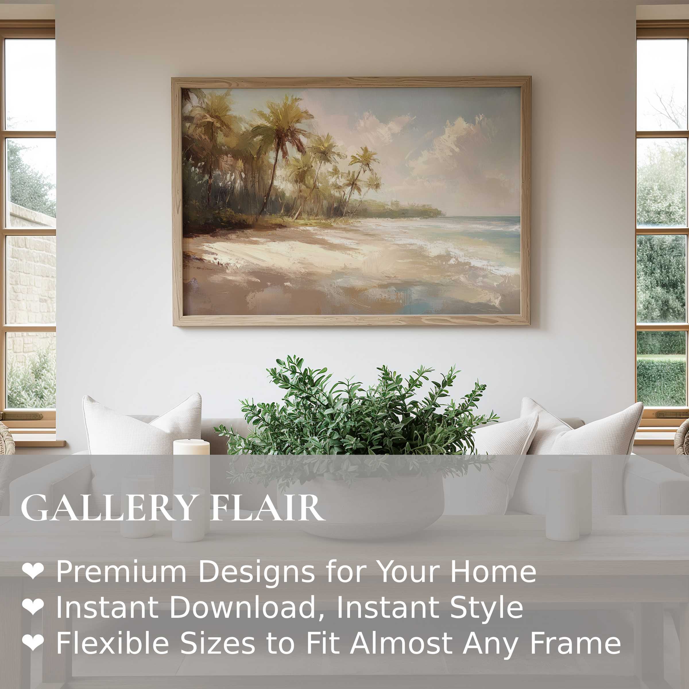 Coastal wall art print featuring a serene palm-lined beach, evoking calming, sunlit coastal vibes in a modern, airy living space