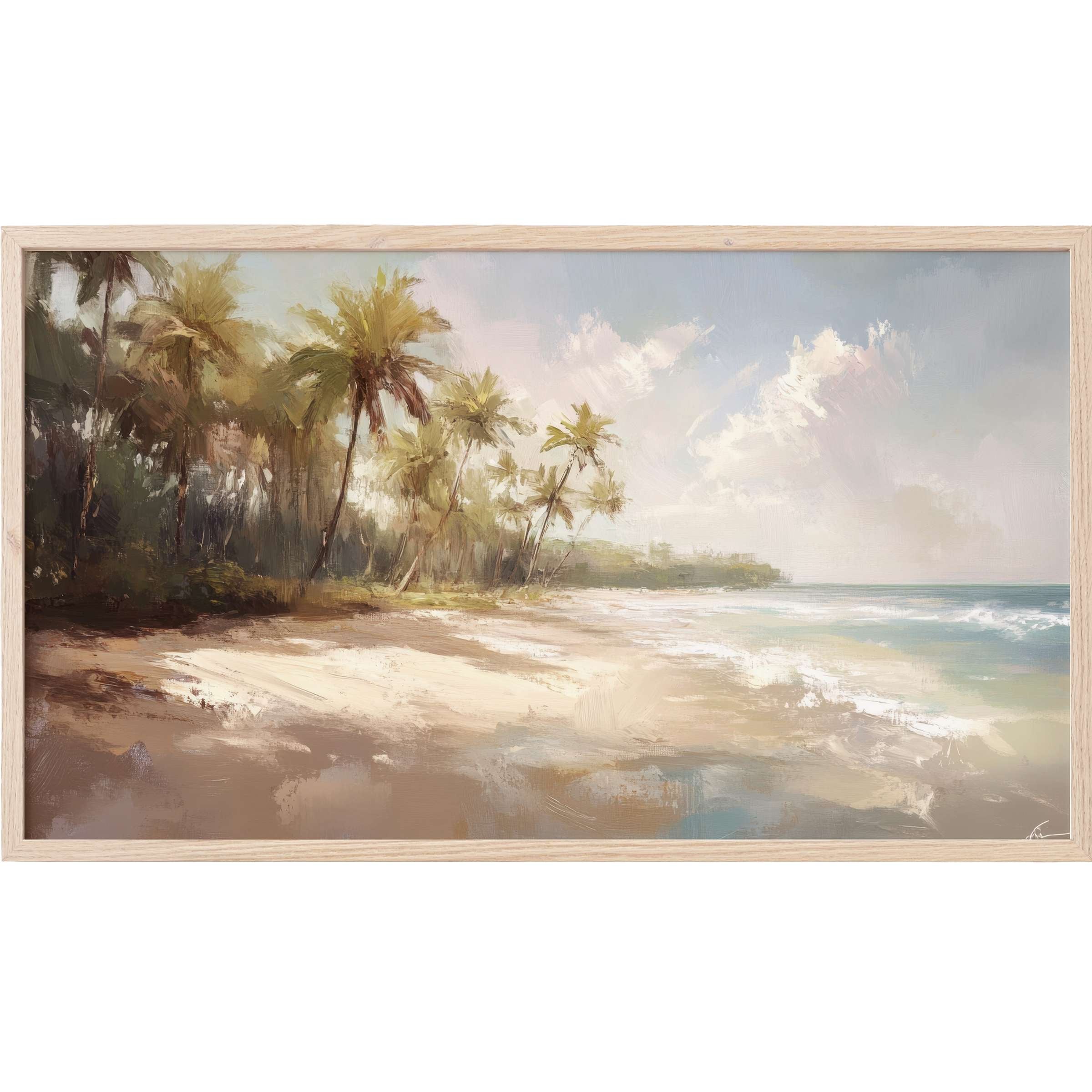 Soft pastel coastal scene with palm trees and ocean waves, a serene coastal Frame TV Art piece