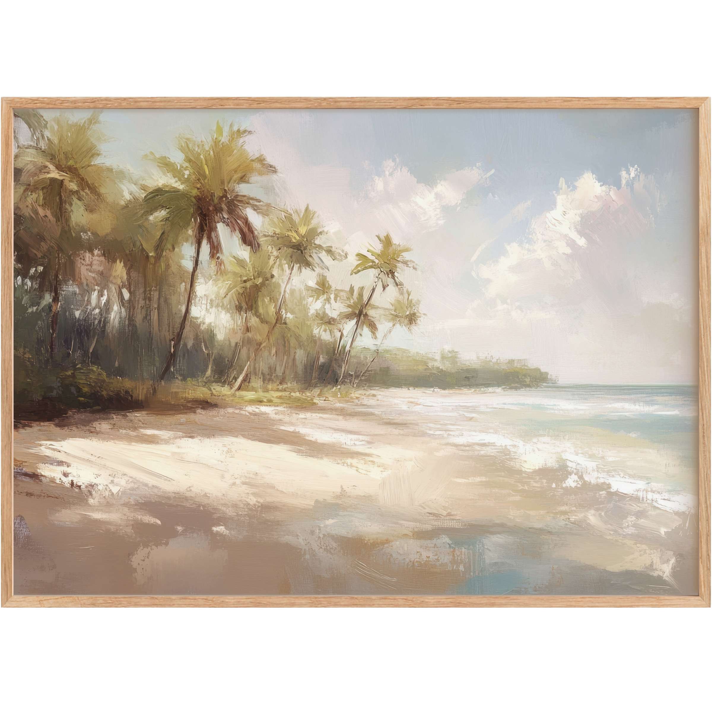 Coastal printable wall art radiates serene beachside calm with soft sandy hues, gentle aqua waves, and elegant palm silhouettes