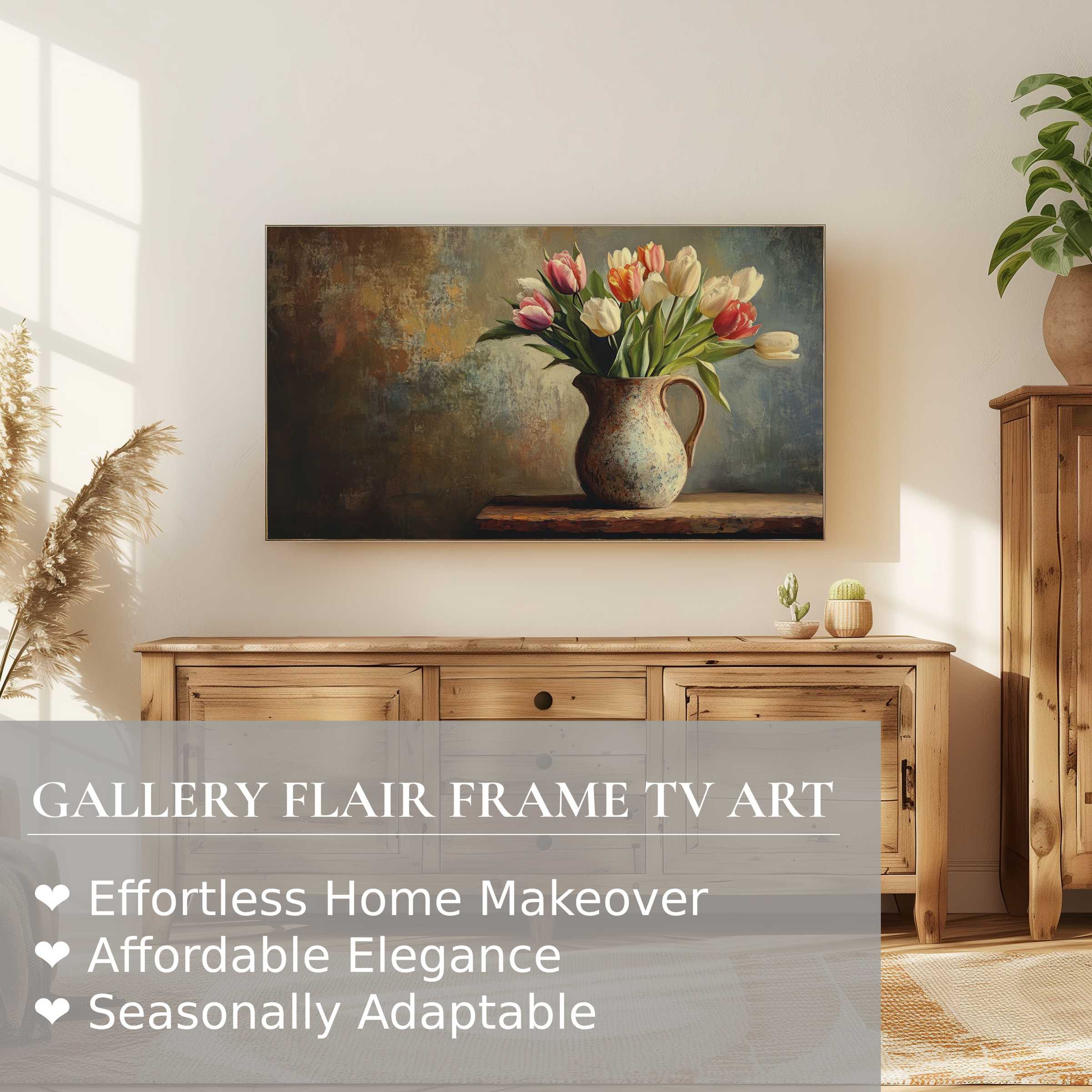 Samsung Frame TV displays elegant easter digital artwork with a refined floral still life in a modern living space