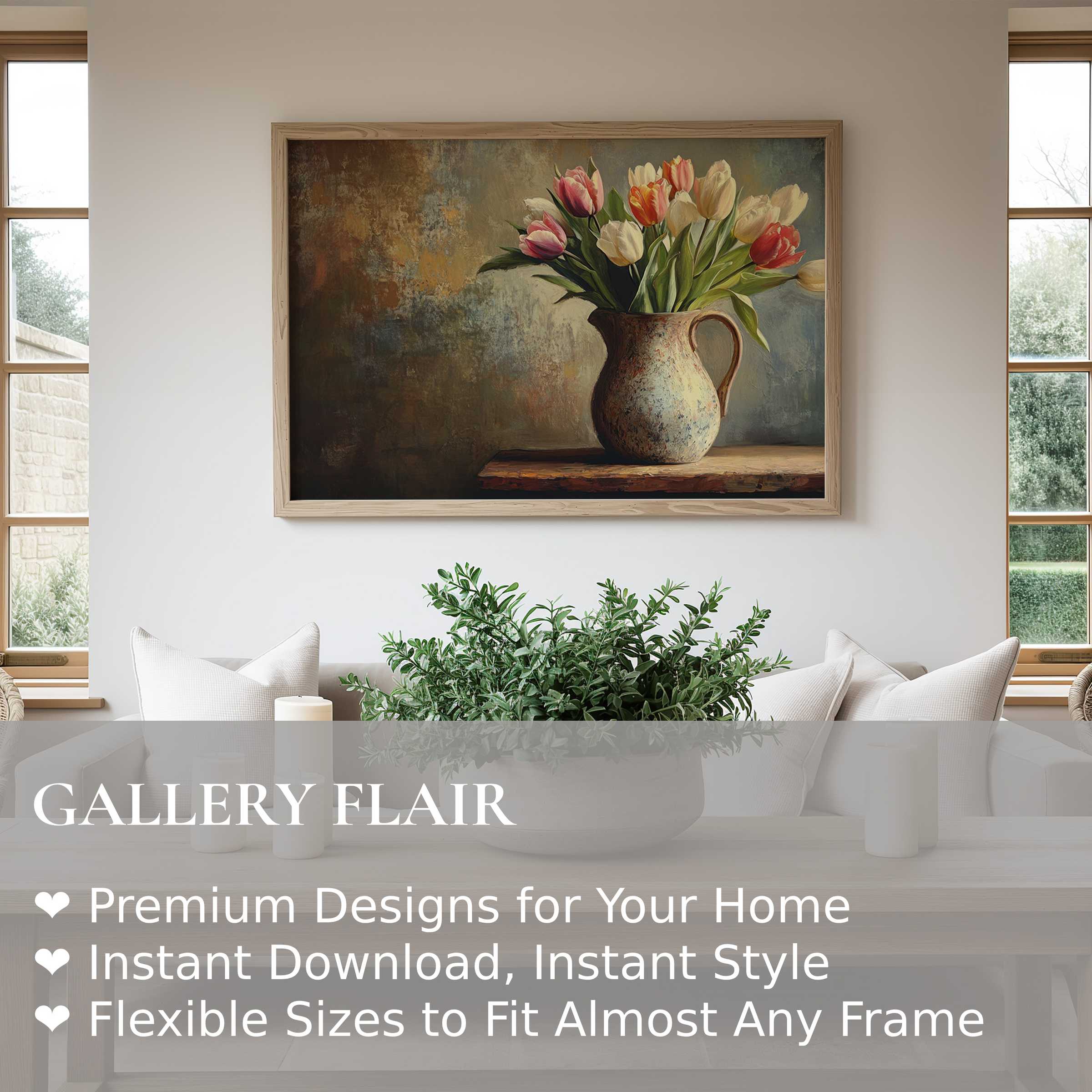 Elegant easter wall art print featuring a radiant bouquet of tulips in rustic vase, enhancing serene modern farmhouse interiors