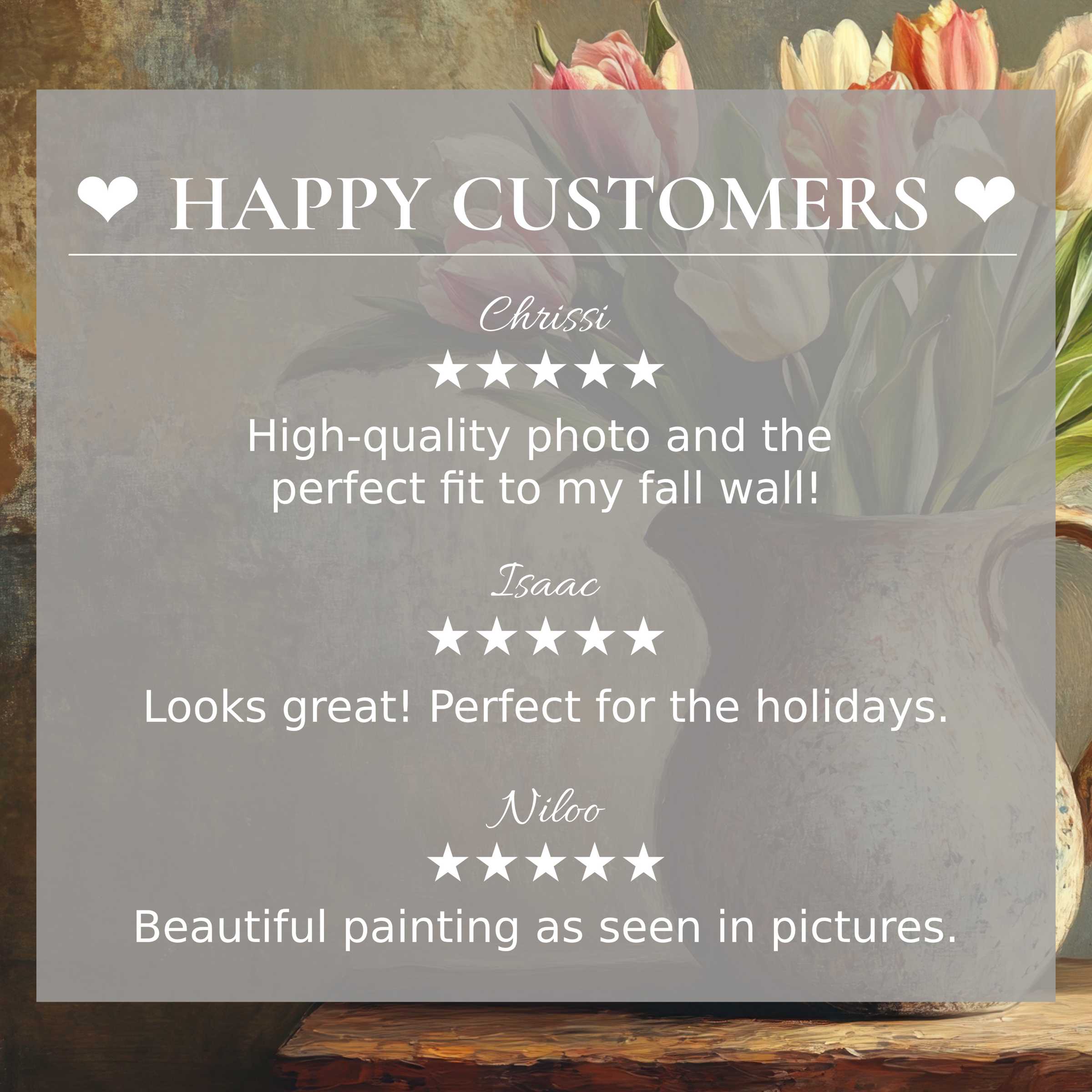 Elegant easter art for Frame TV with soft tulip still life backdrop; happy customer reviews build trust and style appeal