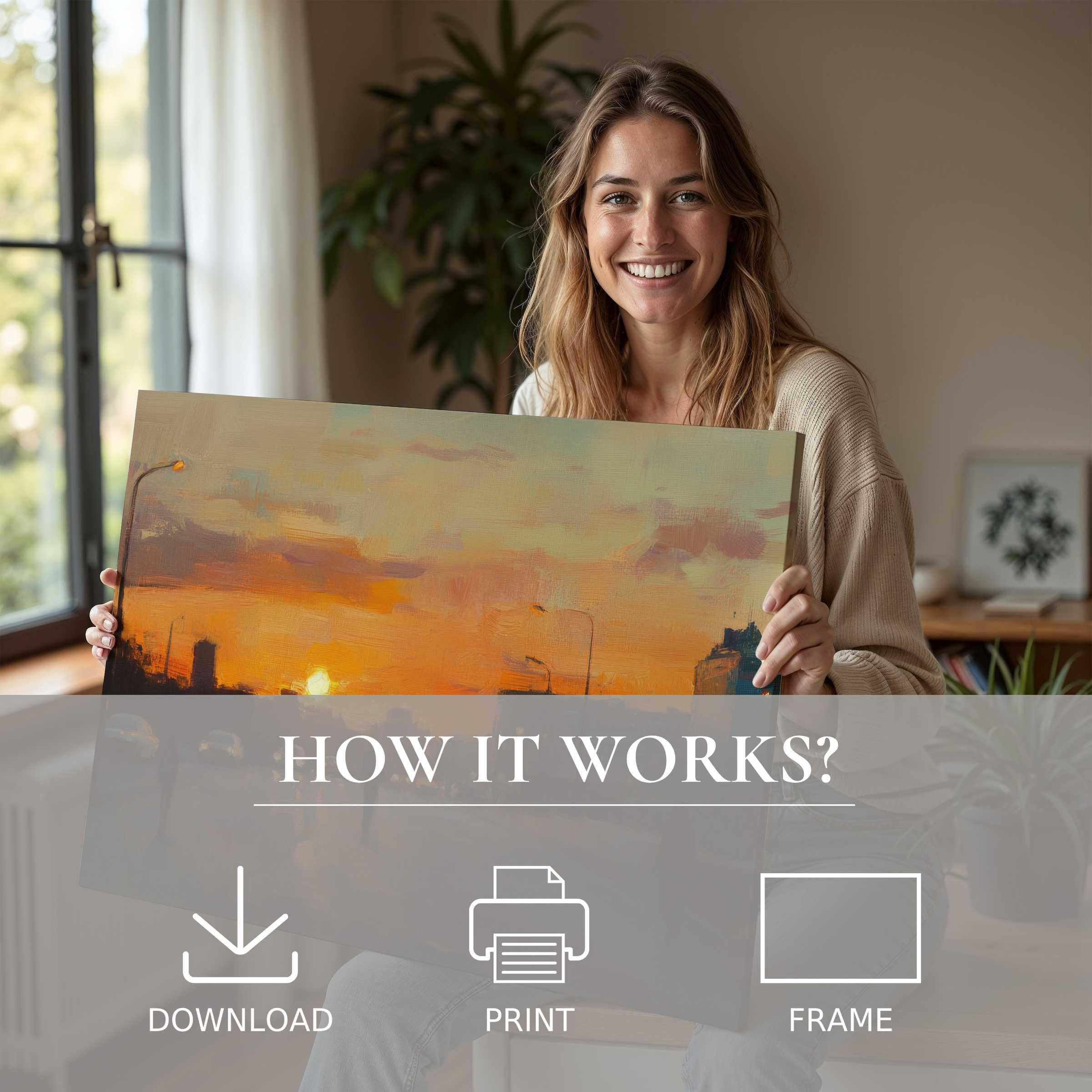A radiant moment of connection and joy as a woman reveals a warm-hued urban digital art print, illuminating her serene, stylish home with effortless elegance