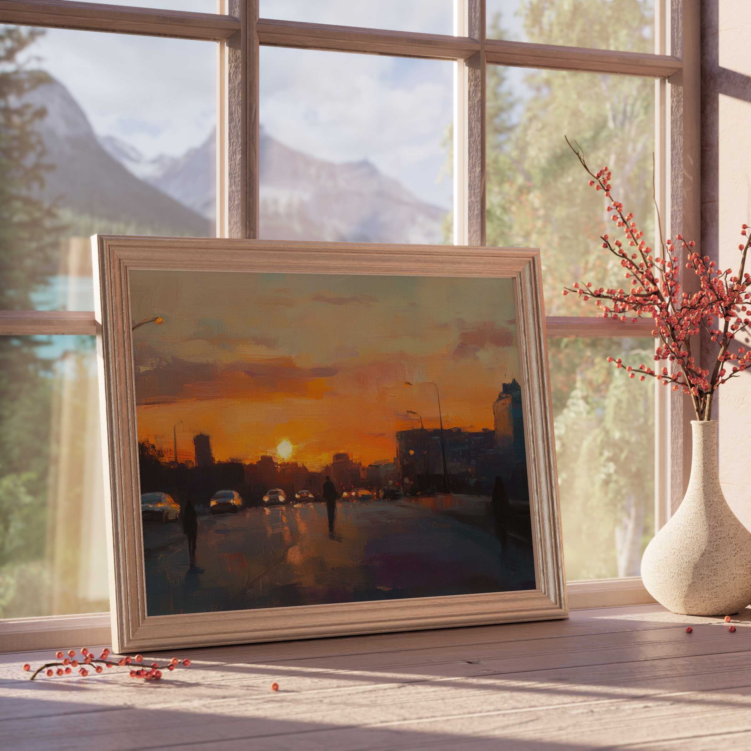 Urban downloadable art captures a warm, moody sunset over a cityscape, elevating tranquil, design-forward interiors